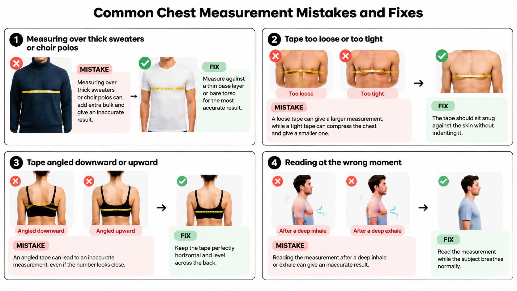 An infographic showing four common mistakes and correct techniques for taking accurate chest measurements with a tape measure.