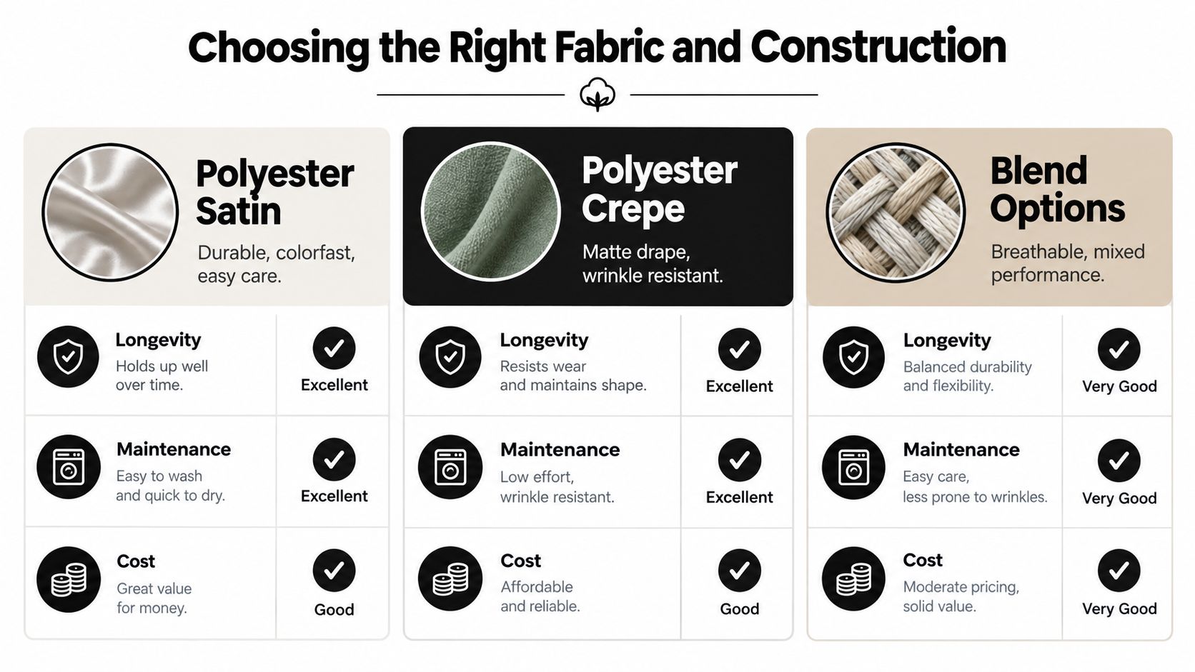 A comparison chart outlining the pros and cons of polyester satin, polyester crepe, and blend fabric options.
