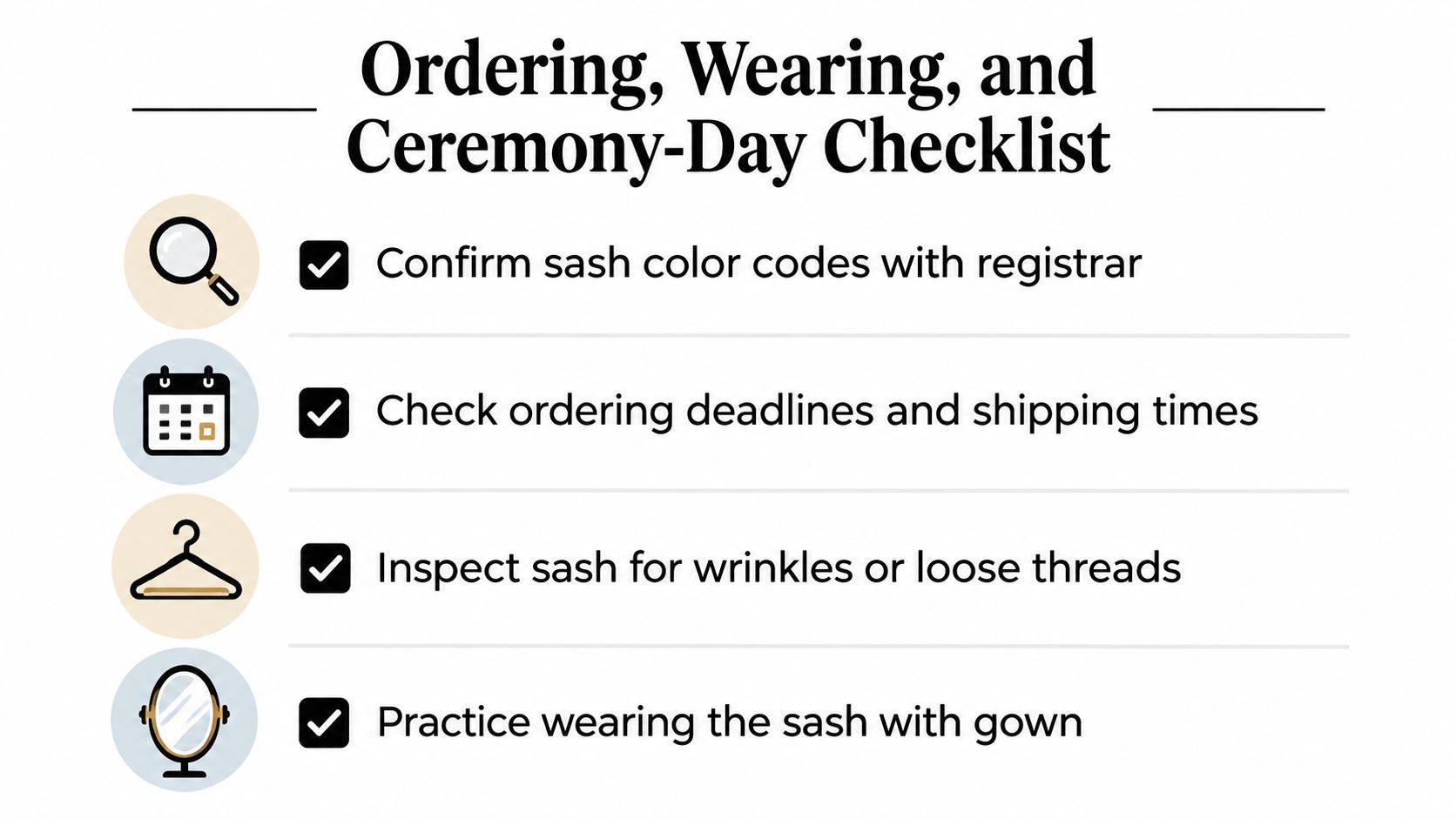 A checklist for graduation sash ordering, wearing, and ceremony preparation shown with icons for each step.