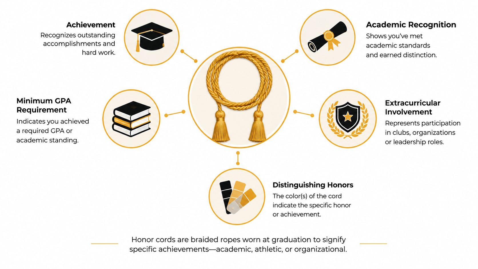 An infographic illustrating the various reasons and meanings behind wearing honor cords during graduation ceremonies.