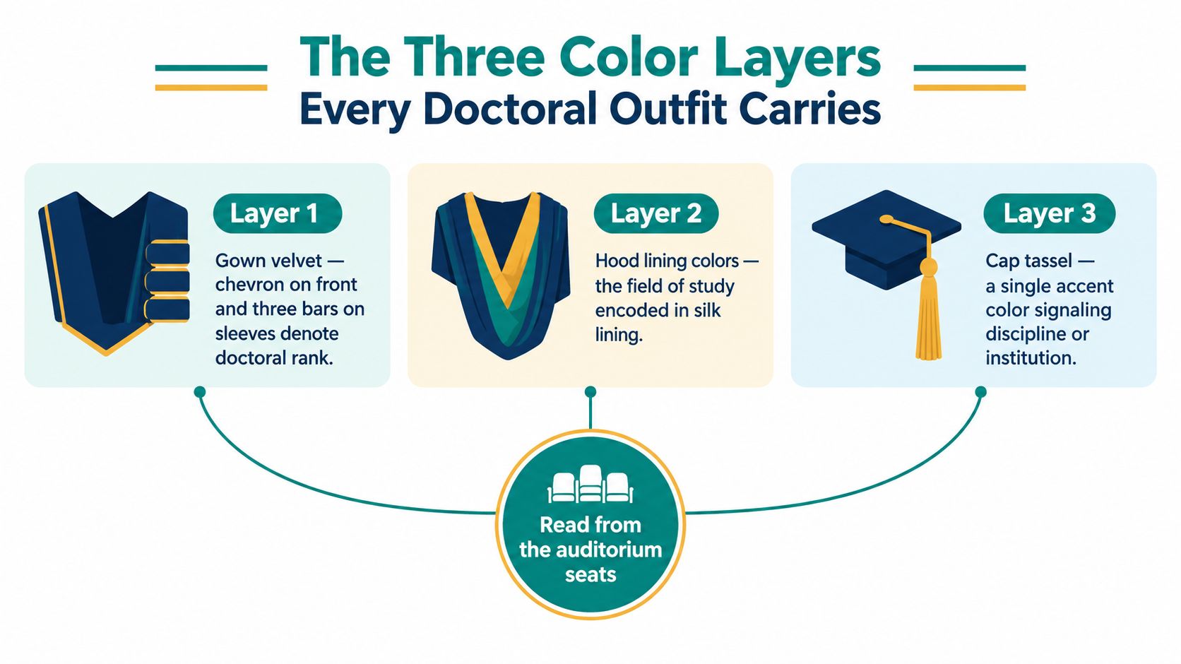 An infographic showing the three color layers of doctoral regalia, including gown velvet, hood lining, and cap tassel.