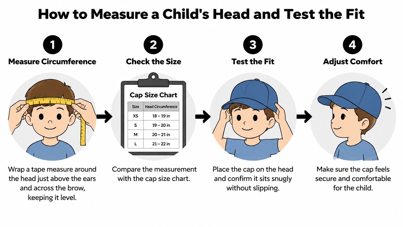 An instructional graphic showing four simple steps on how to measure a child's head for a cap.