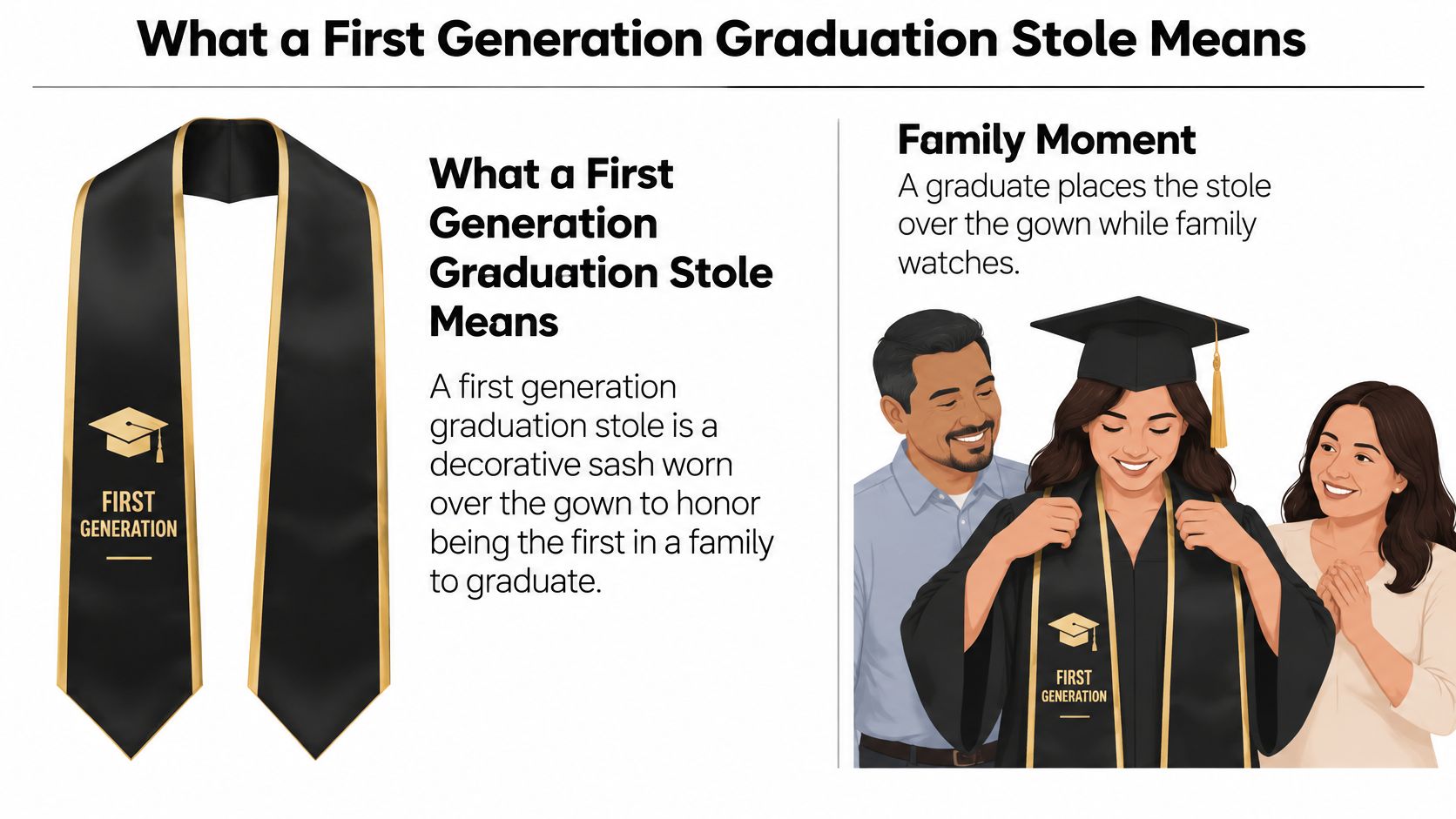 A black and gold first generation graduation stole shown next to a family watching a student.