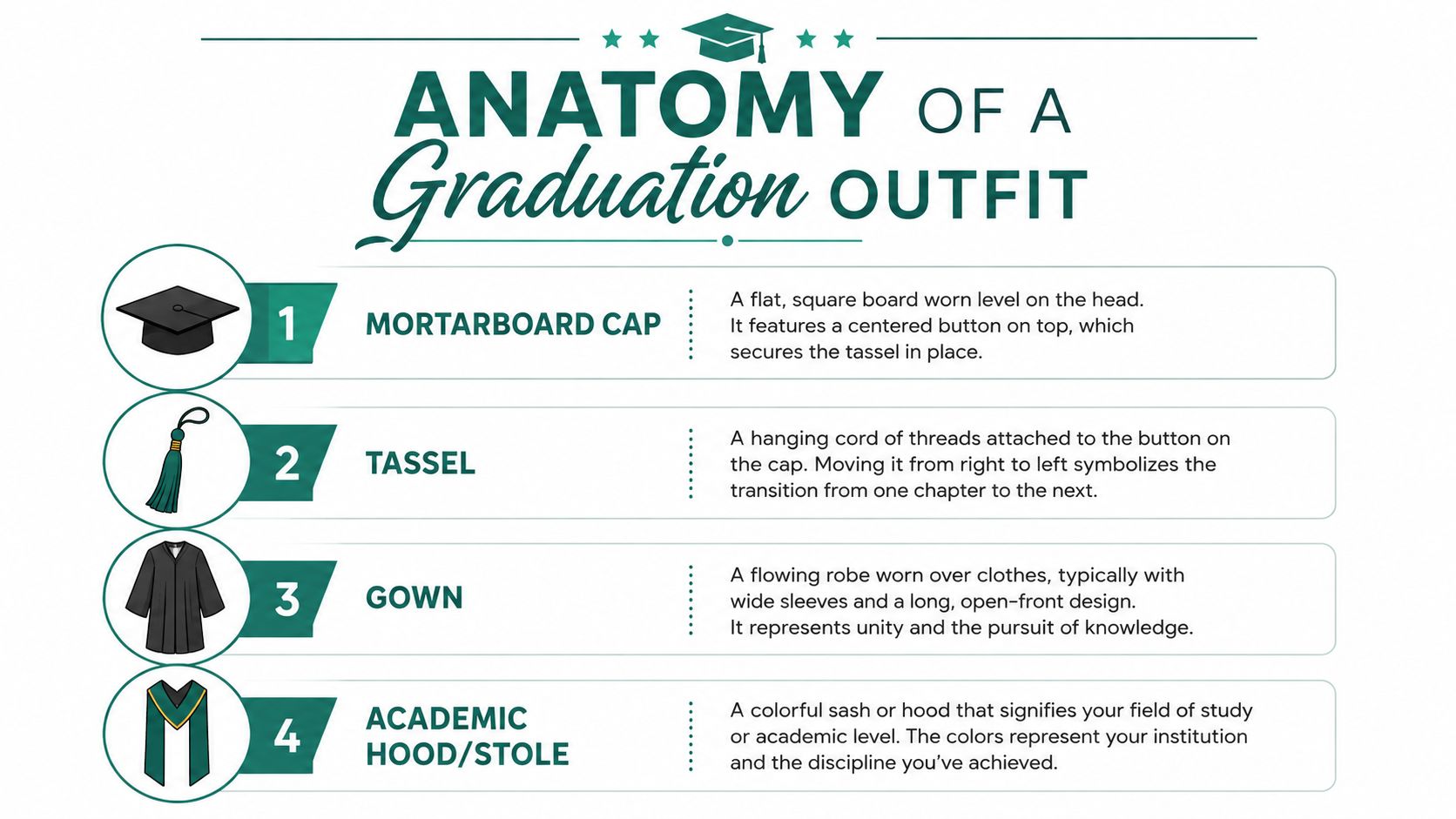 An infographic detailing the anatomy of a graduation outfit, including the mortarboard cap, tassel, gown, and hood.