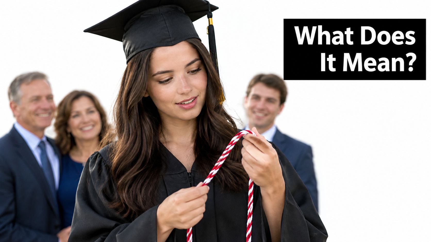 A young female graduate in cap and gown looking at her red and white honor cords.