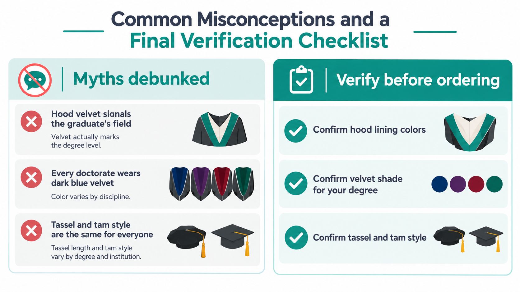 An infographic detailing common misconceptions about PhD regalia and a final verification checklist before ordering graduation attire.