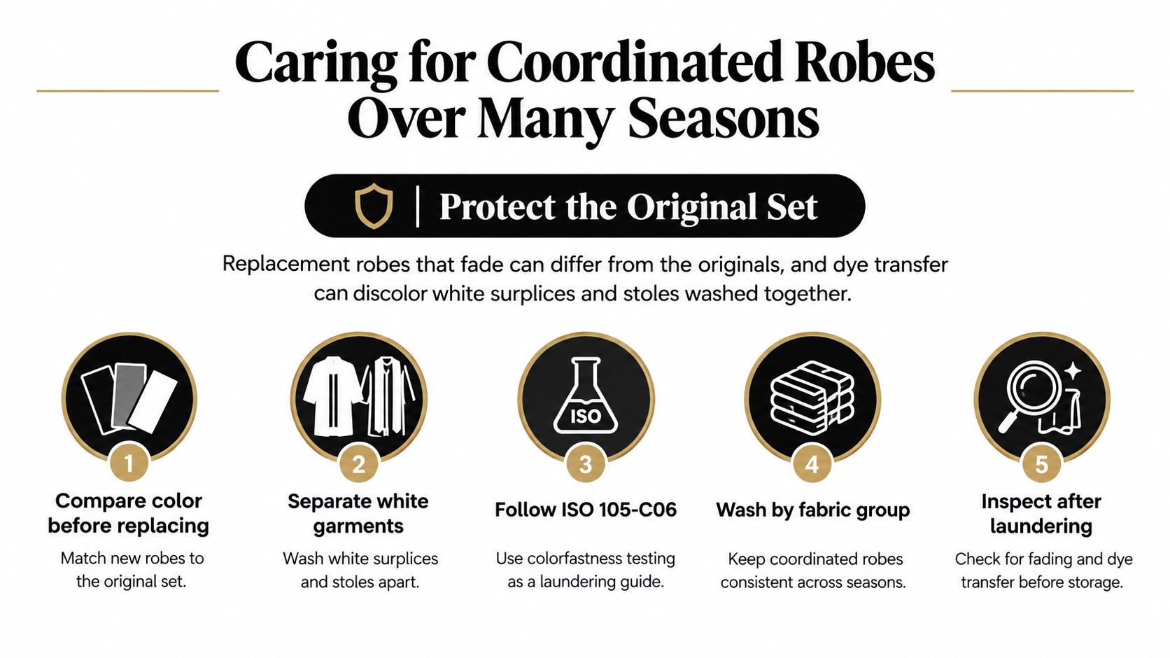 An infographic titled Caring for Coordinated Robes with five steps to maintain the color of religious vestments.