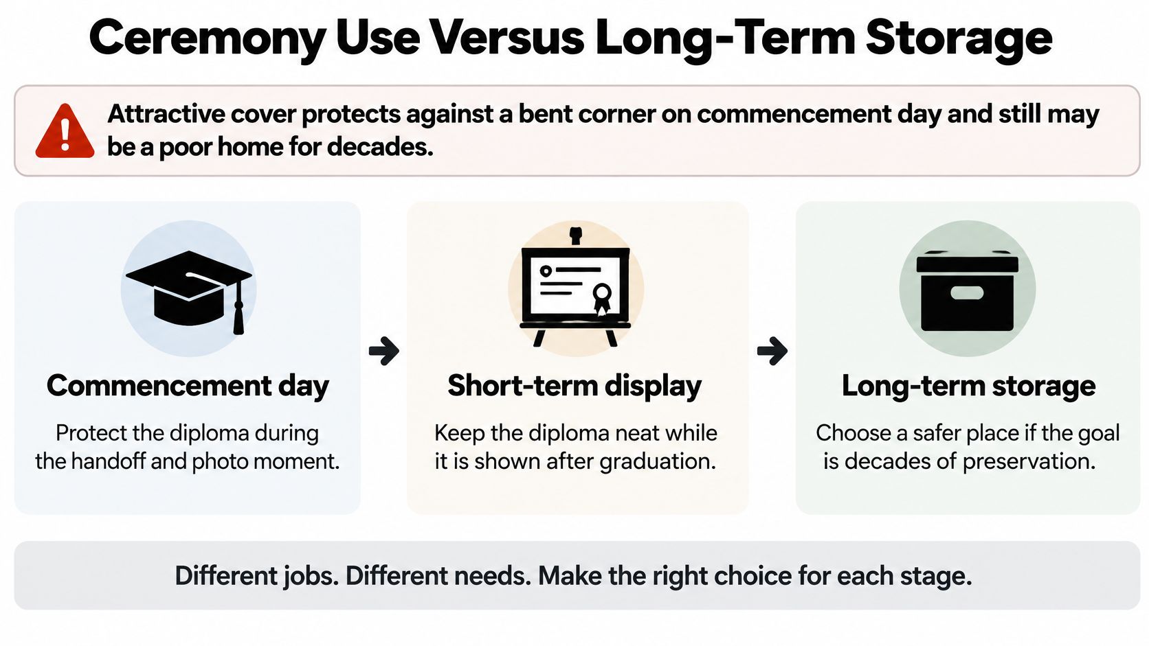 A diagram comparing diploma covers for commencement day, short-term display, and long-term storage preservation needs.