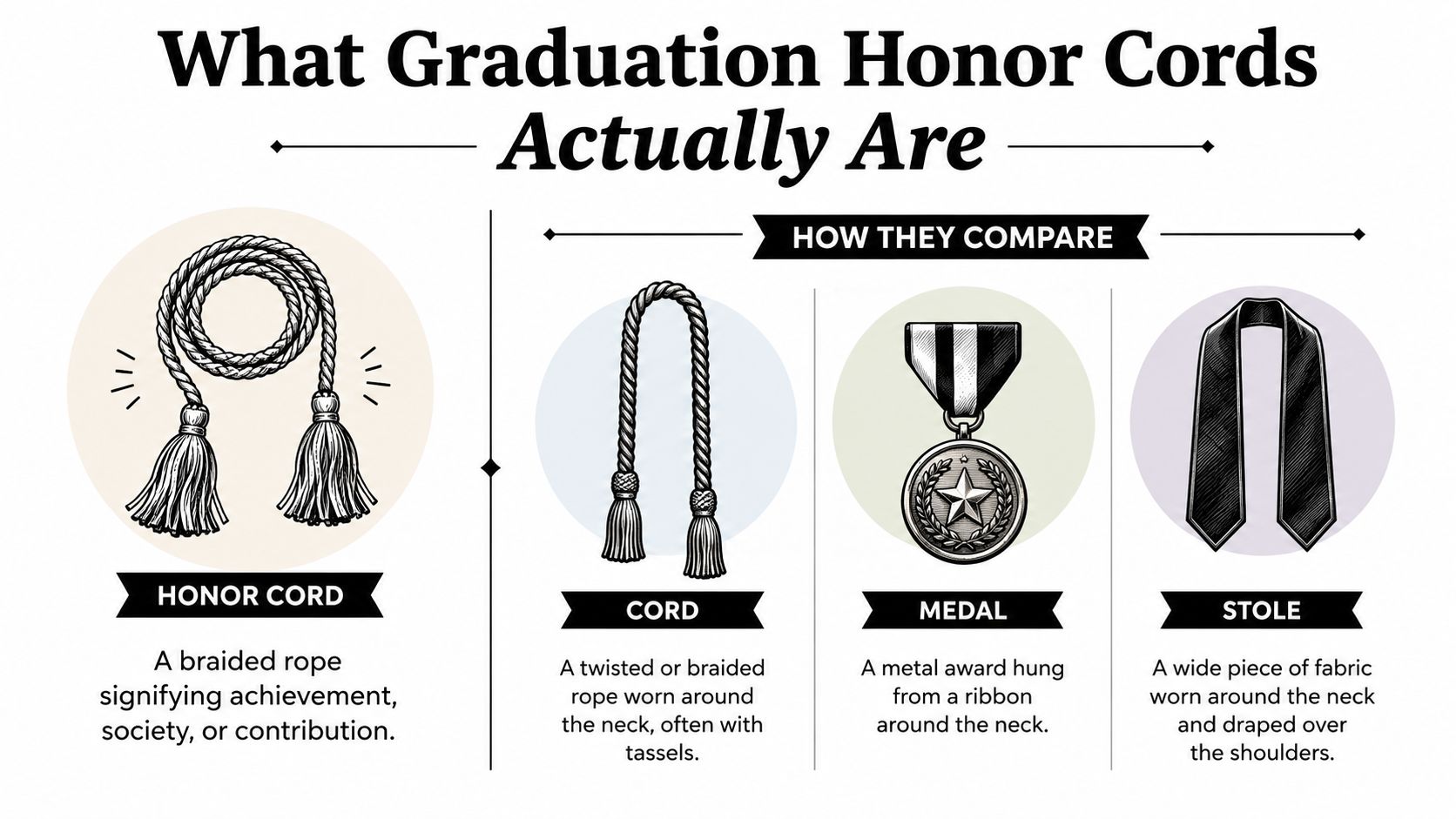 An infographic illustrating and explaining the differences between graduation honor cords, medals, and academic stoles.