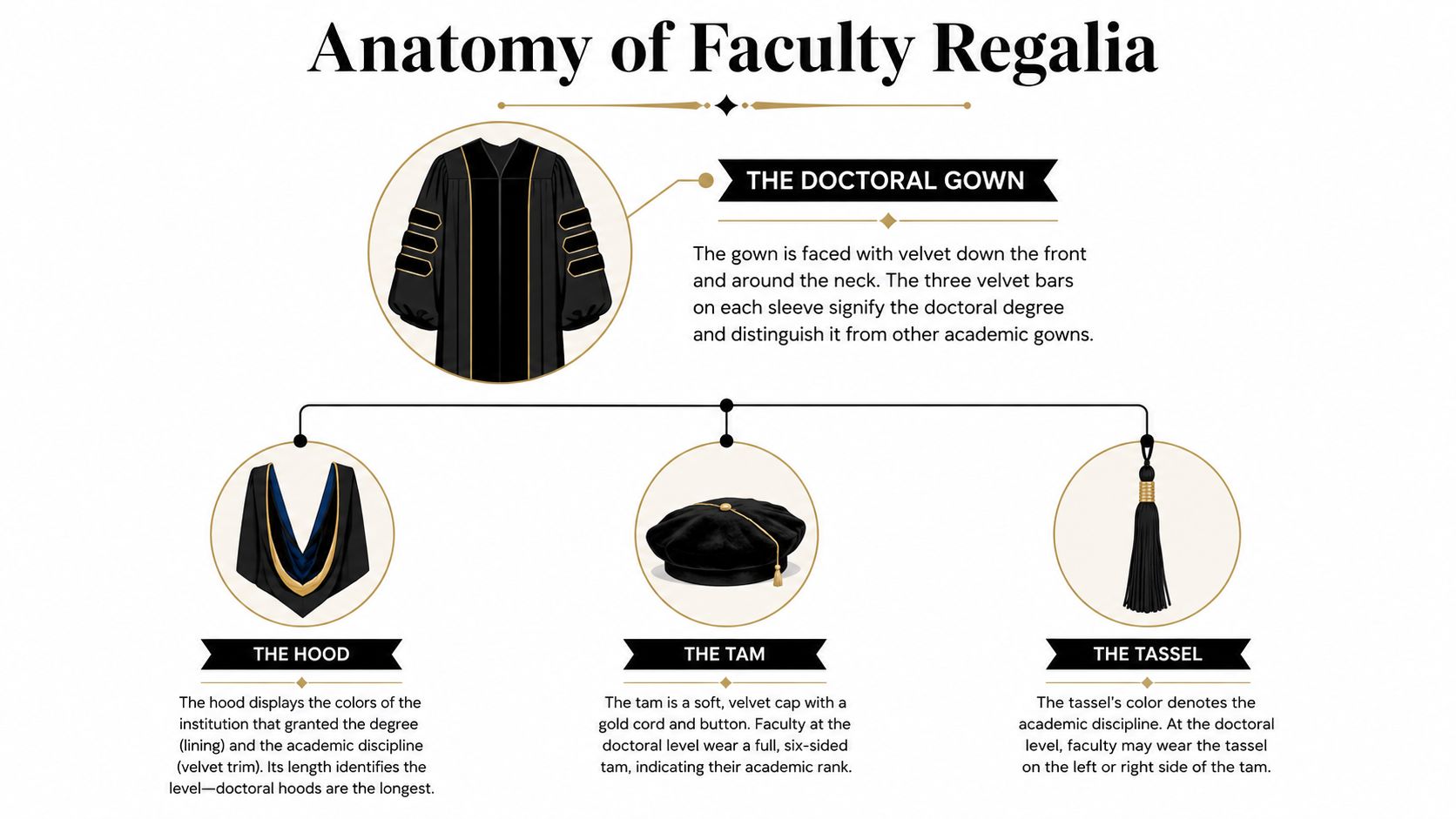 An infographic detailing the components of doctoral faculty regalia, including the gown, hood, tam, and tassel.