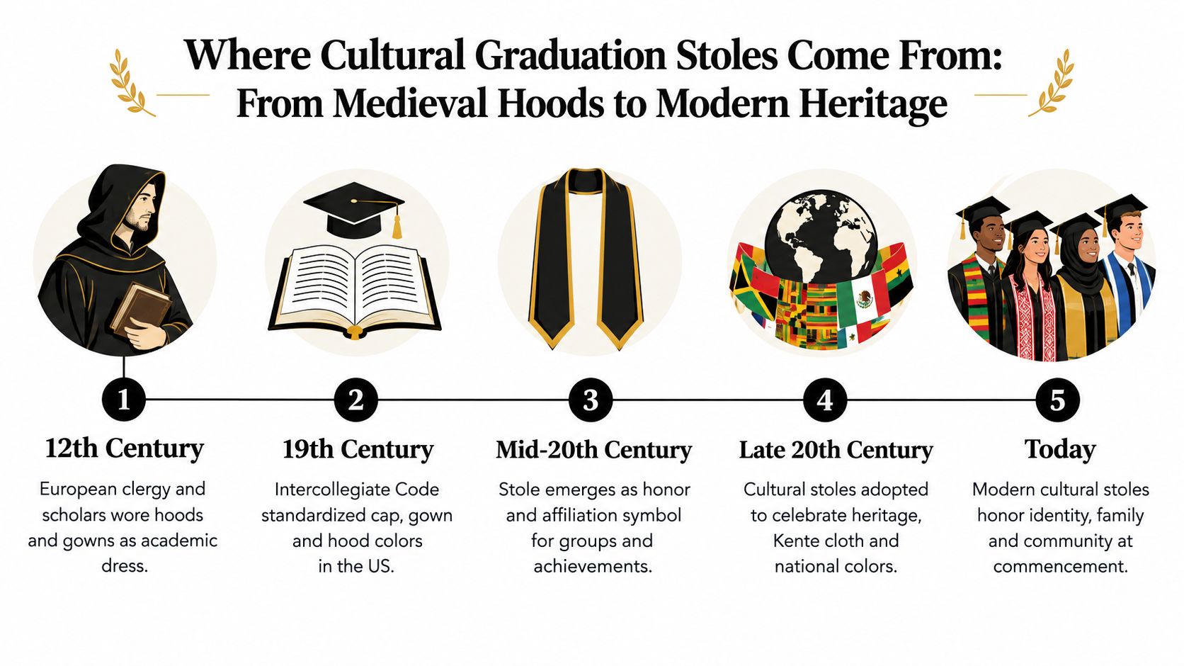 A timeline graphic showing the history of cultural graduation stoles from medieval roots to modern day.