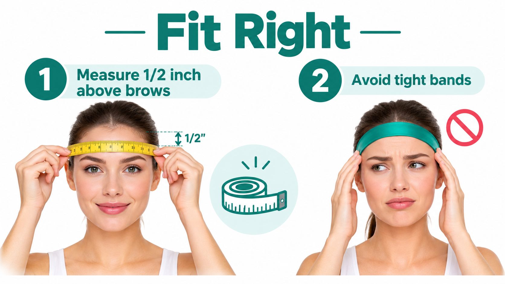 A woman demonstrating the correct way to measure her head for a proper fitting accessory.