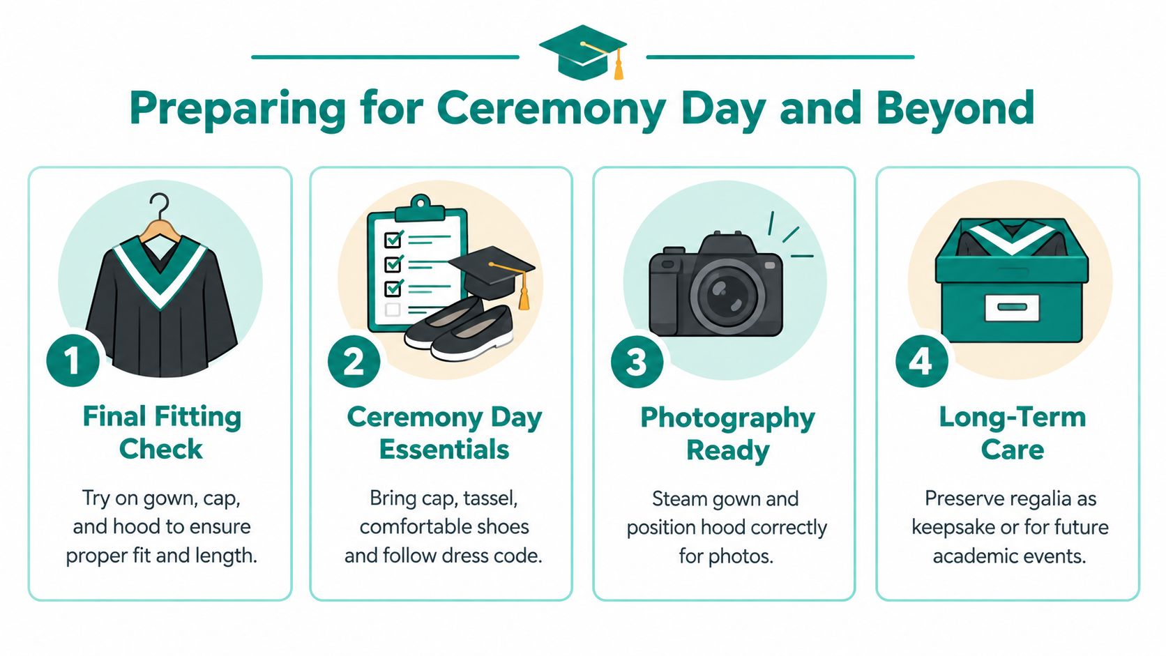 A four-step infographic illustrating how to prepare for graduation, from fitting regalia to long-term storage.