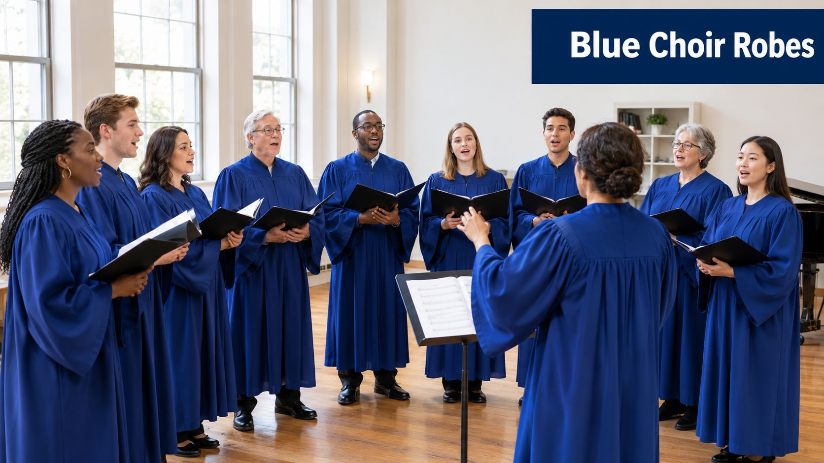 A choir standing in a circle singing together while wearing traditional long blue choir robes in hall.