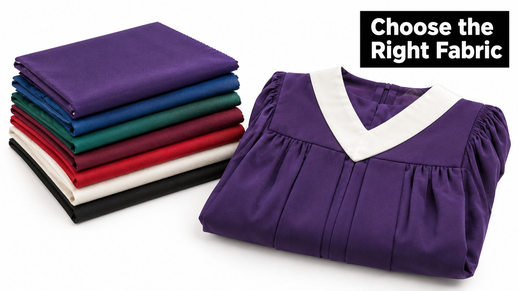A stack of colorful fabric swatches next to a folded purple choir robe with white collar.