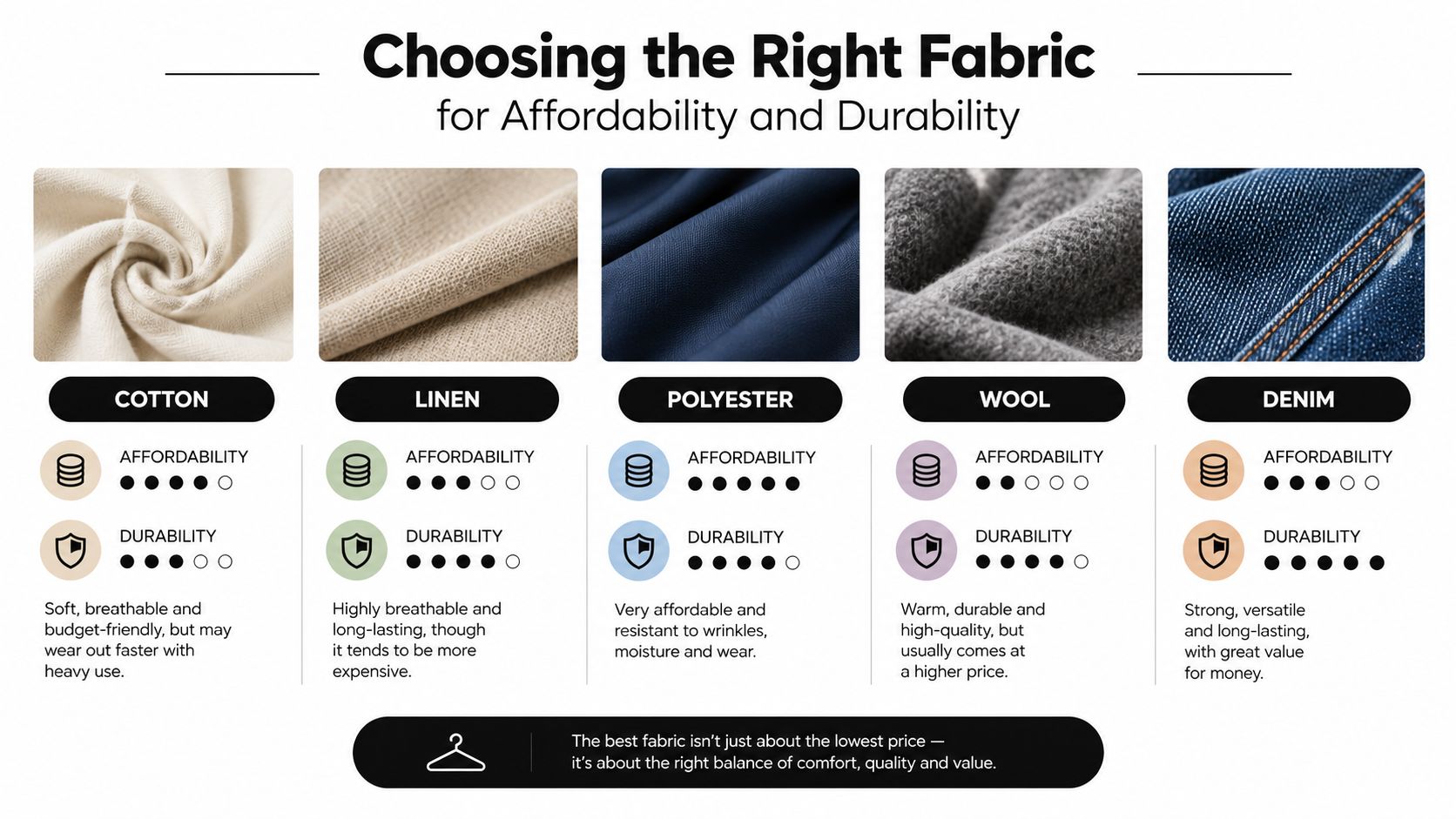 A chart comparing the affordability and durability of cotton, linen, polyester, wool, and denim fabrics.