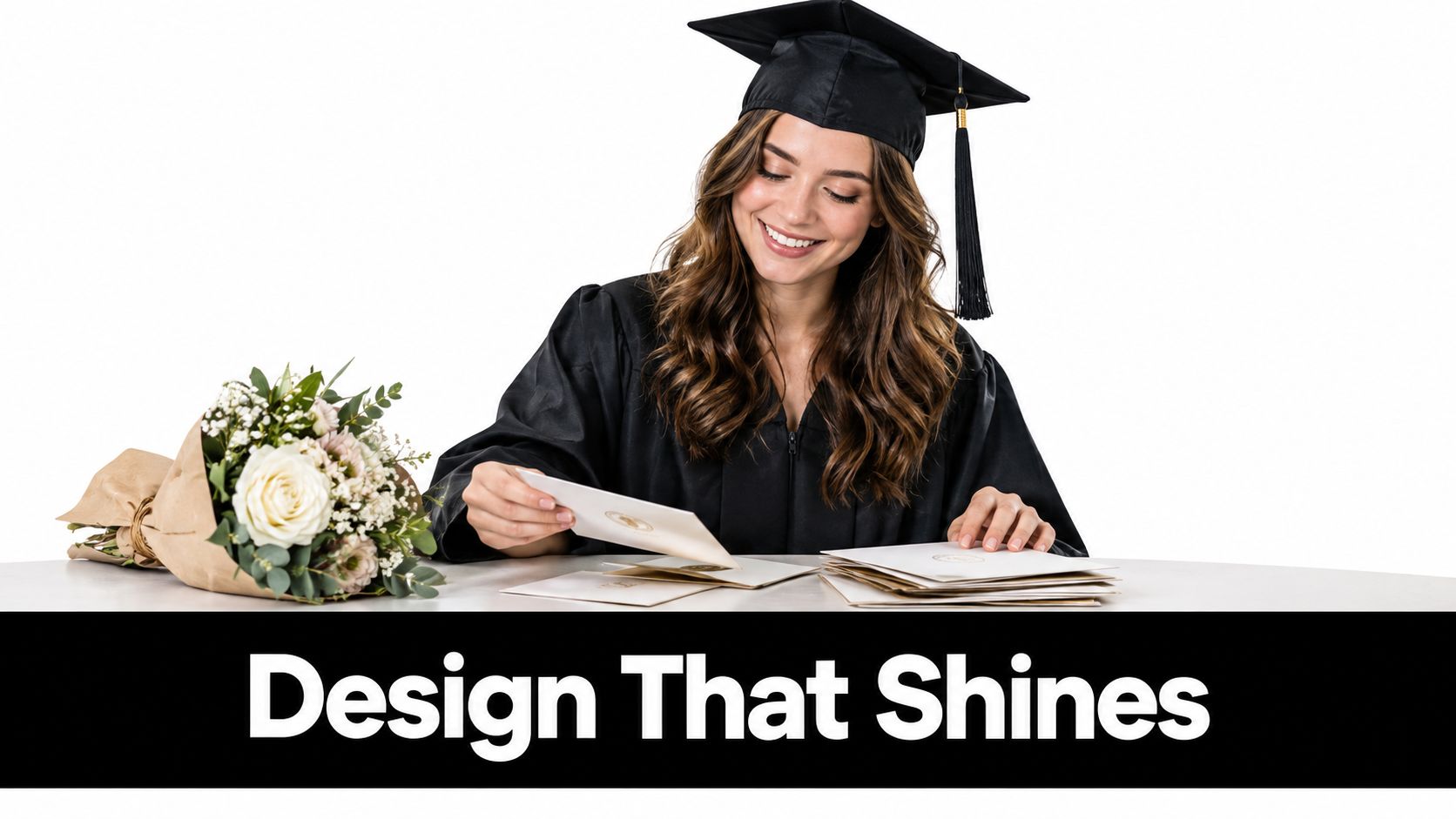 A smiling university graduate wearing a black cap and gown sits at a table opening cards.