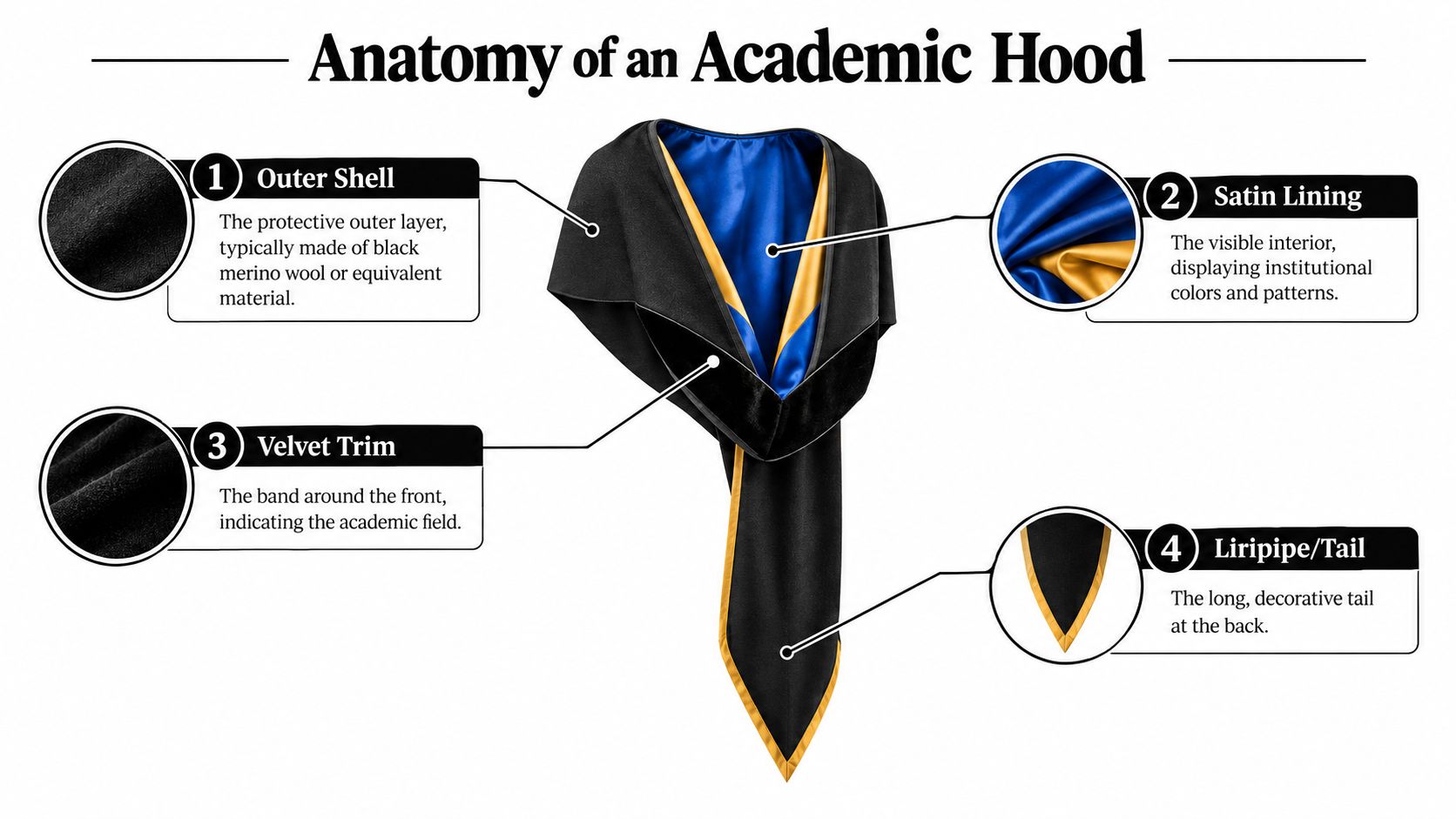 An educational diagram explaining the anatomy of an academic graduation hood, highlighting its key components and features.