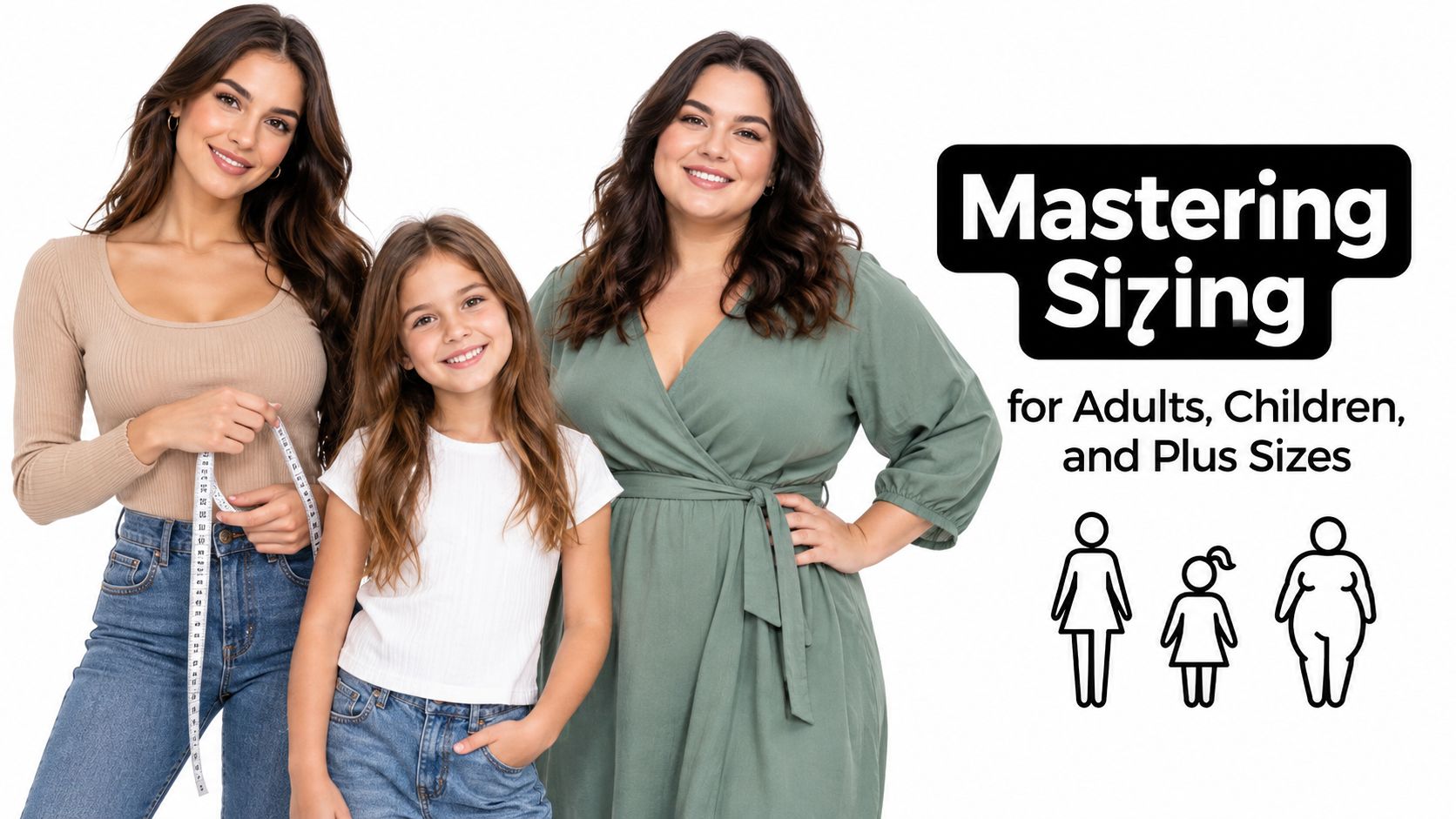 A woman, a girl, and a plus-size woman posing together next to text about mastering clothing sizing.