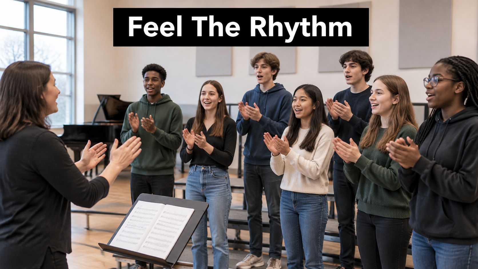 A diverse youth choir practices under the guidance of a conductor in a bright music classroom.