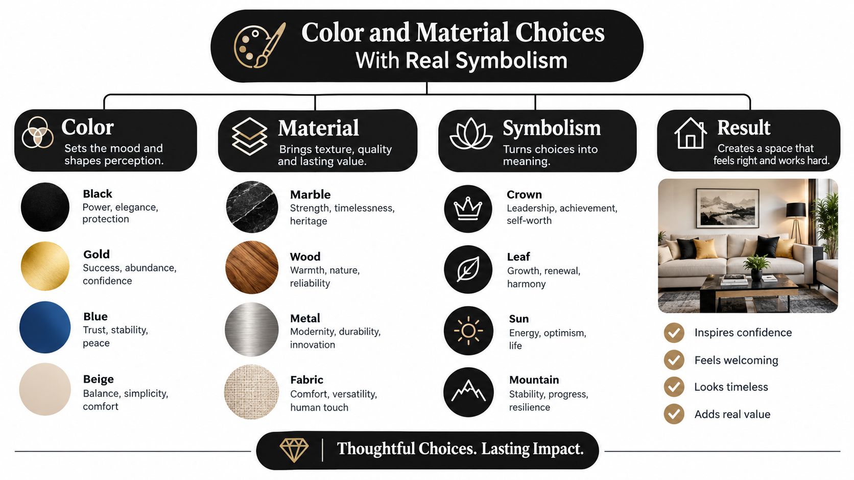 An infographic detailing how color, material, and symbolism choices create meaningful and high-quality interior design spaces.