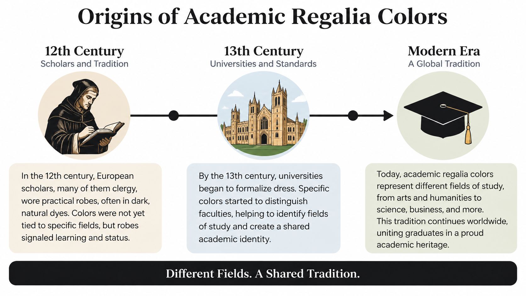 A timeline graphic showing the evolution of academic regalia colors from 12th century robes to modern graduation caps.
