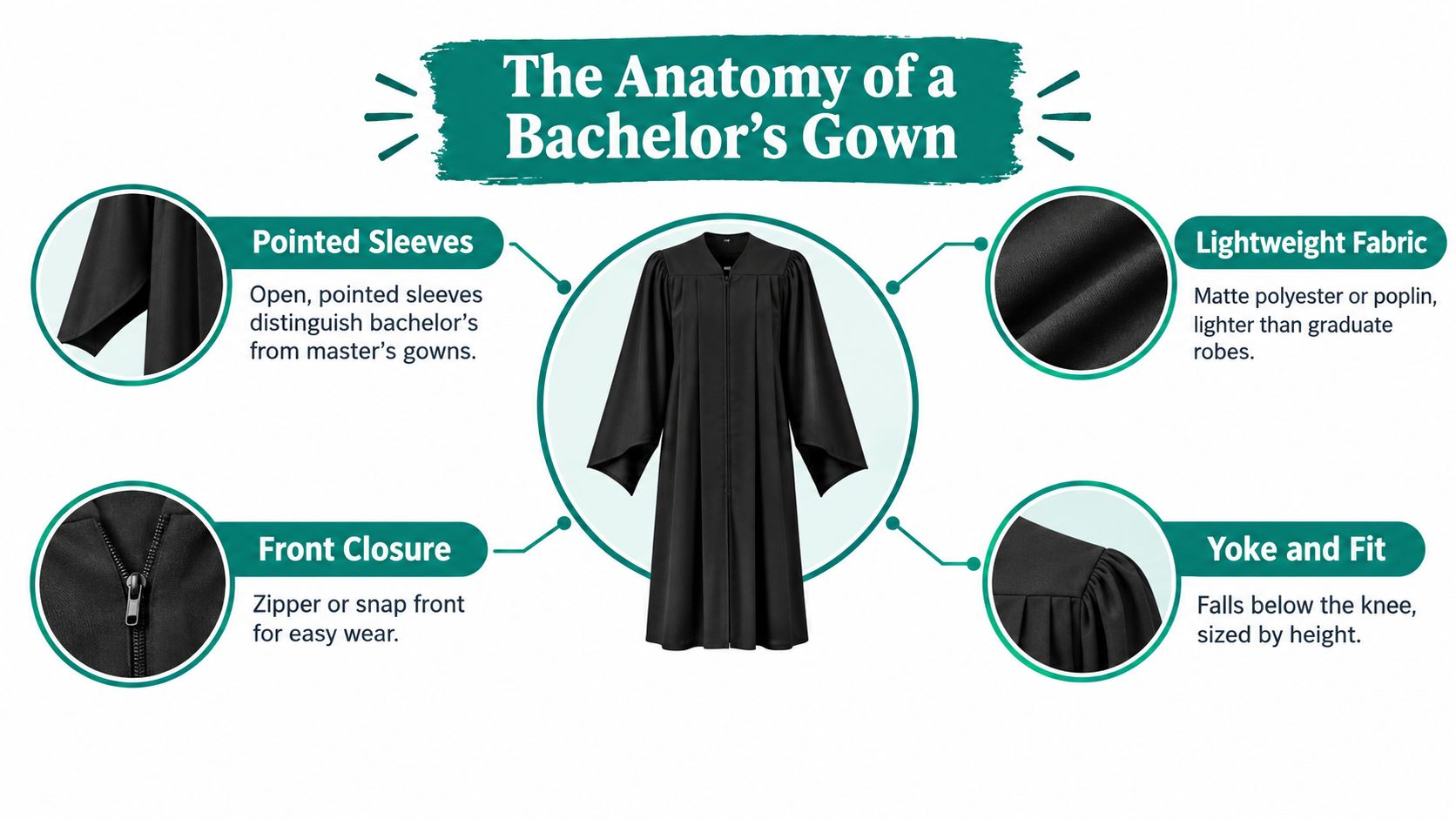 An infographic titled The Anatomy of a Bachelor's Gown detailing the features of a graduation robe.