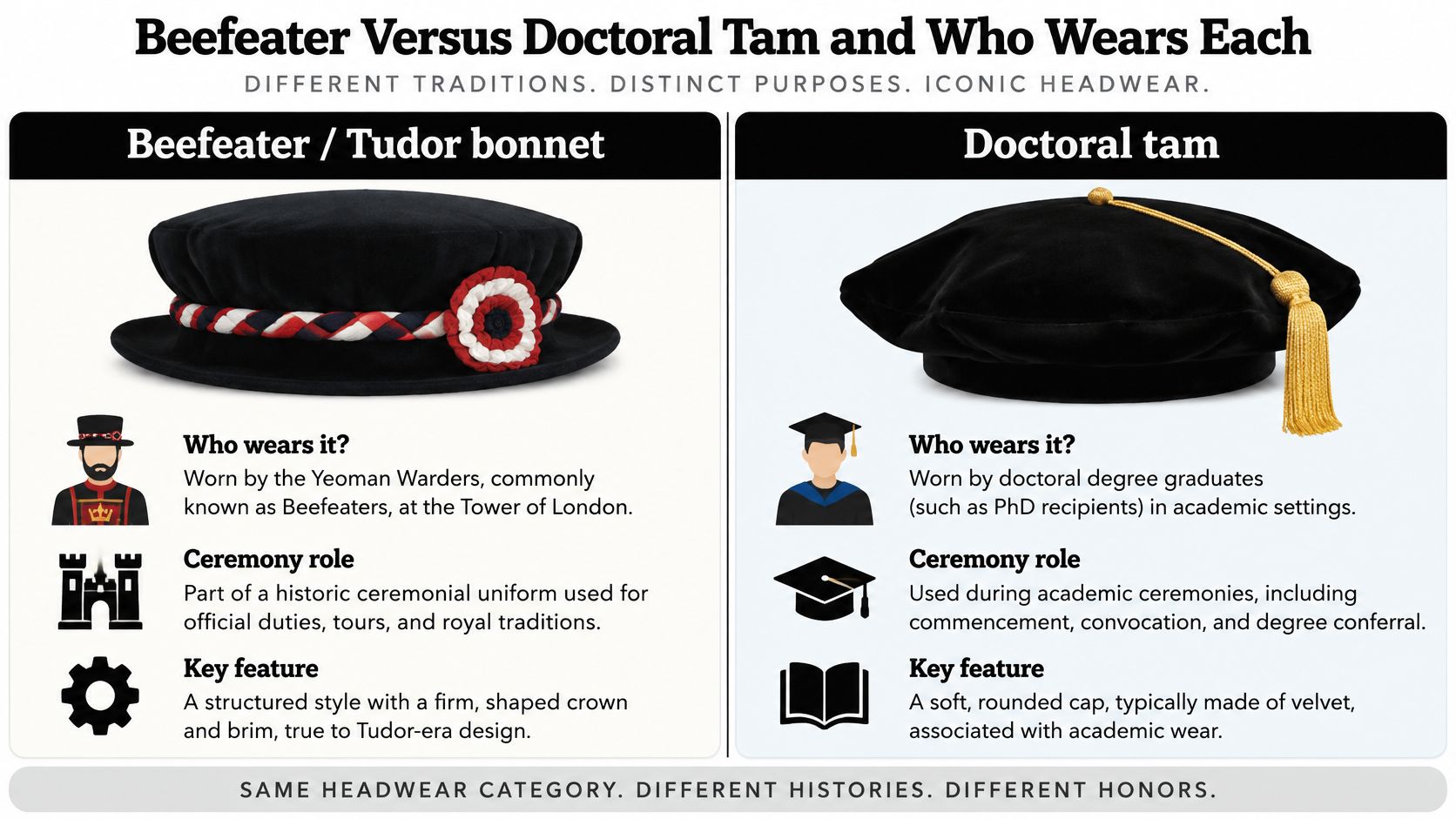 A comparison infographic between the Beefeater Tudor bonnet and the academic doctoral tam with their respective descriptions.
