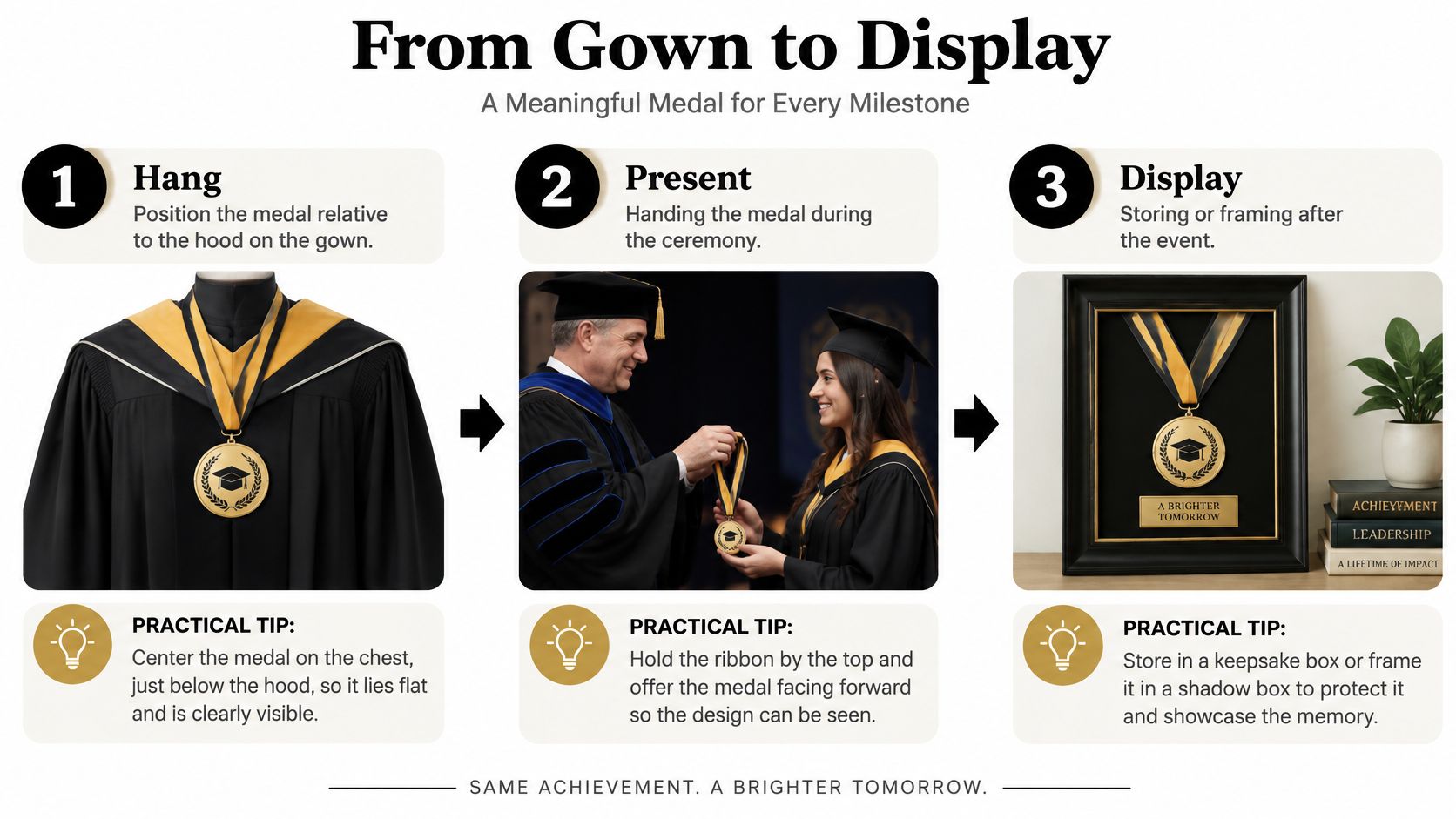 A three-step infographic titled From Gown to Display demonstrating how to hang, present, and frame graduation medals.