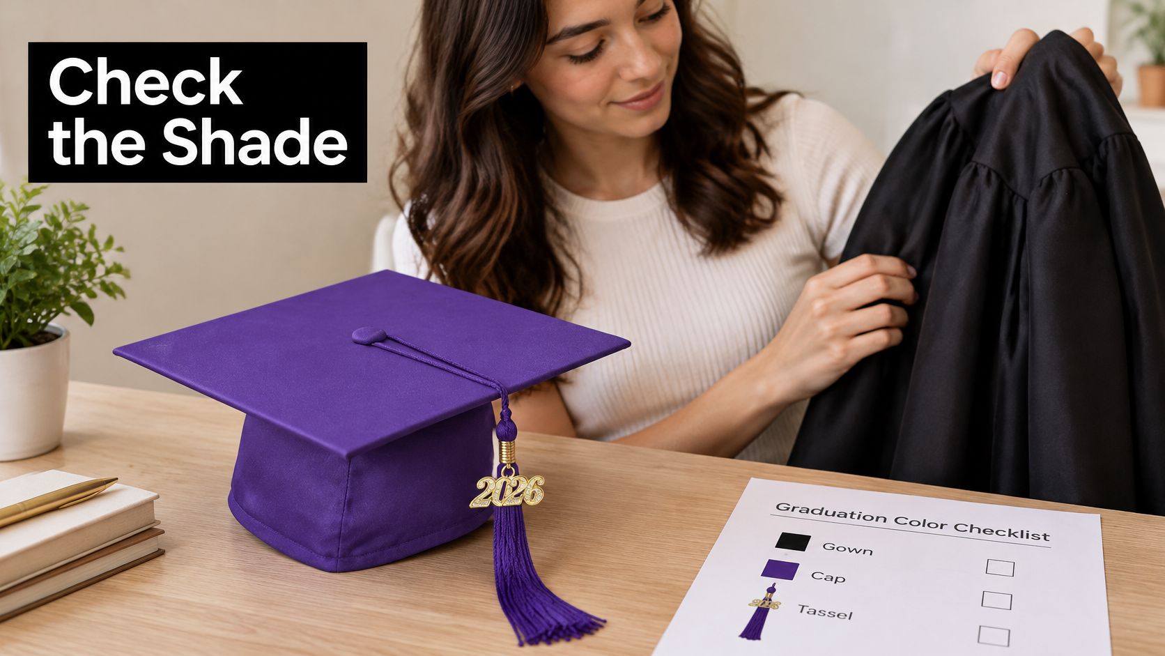 A woman holds a black graduation gown near a purple graduation cap and color checklist.