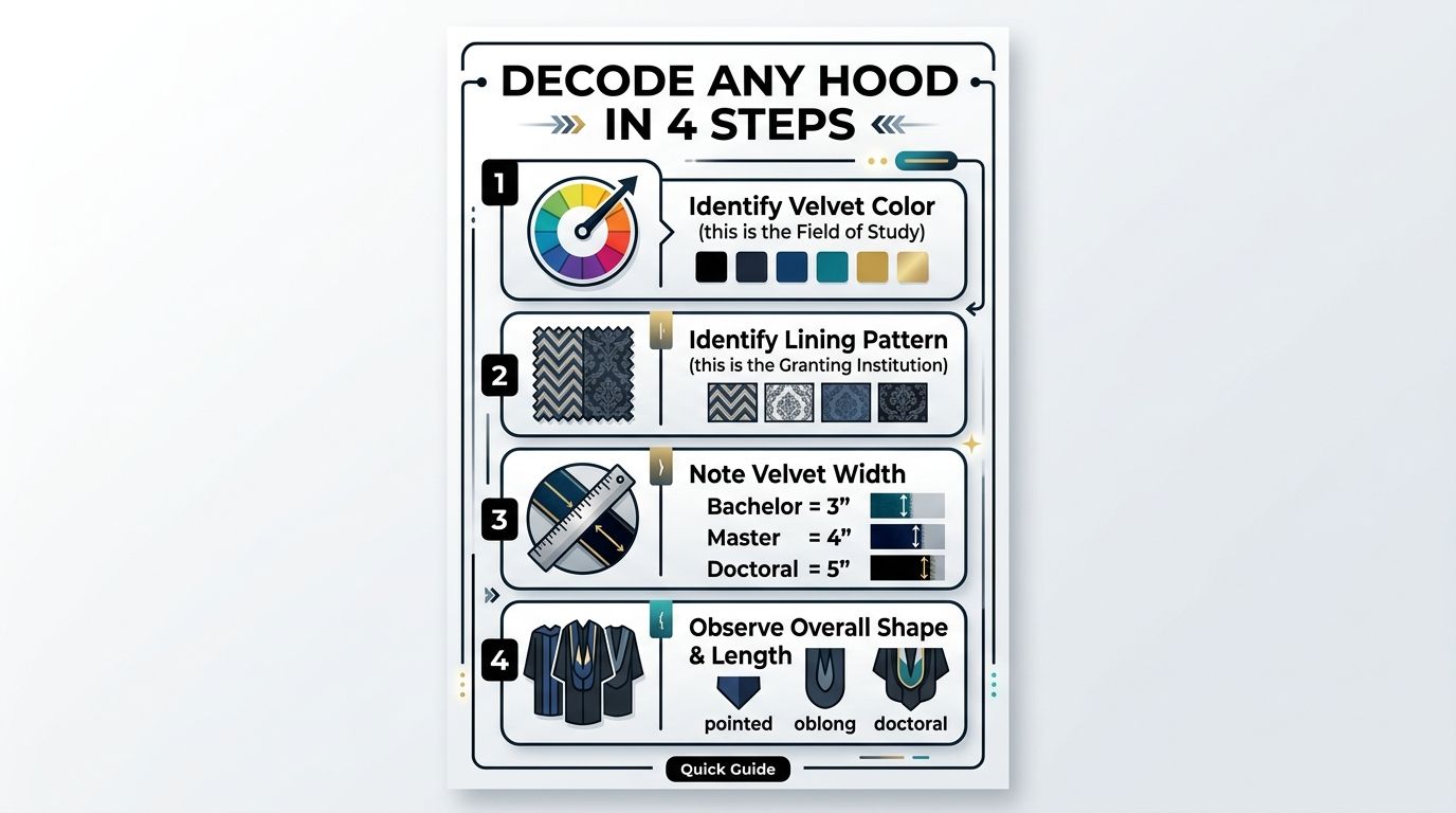 An infographic titled Decode Any Hood in 4 Steps explaining the academic graduation hood color and style code.