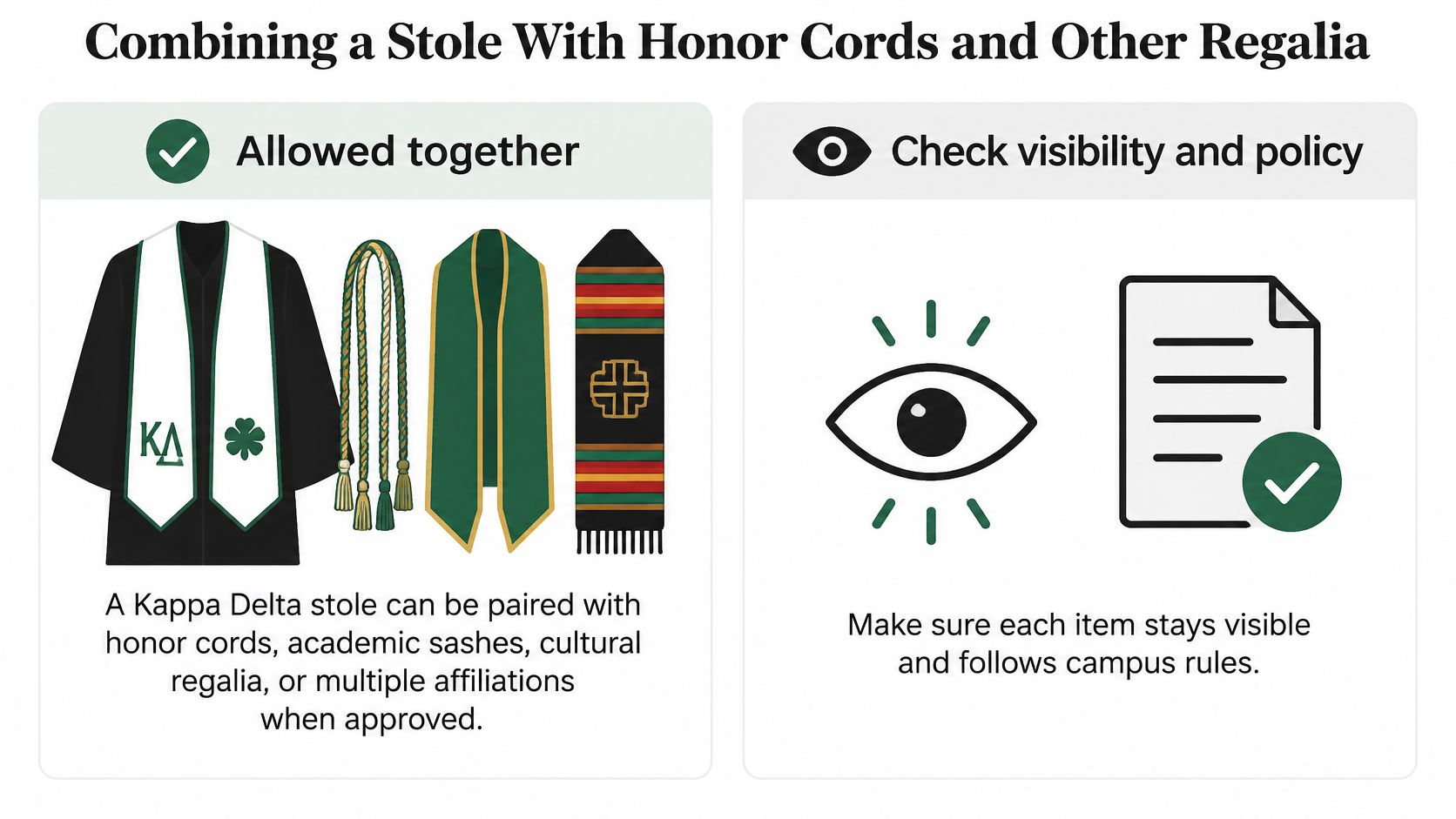 An infographic illustrating how to wear a Kappa Delta graduation stole with honor cords and regalia.