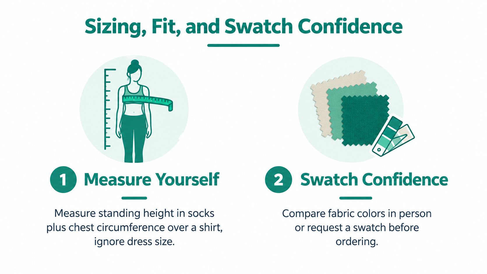 An infographic showing two steps for sizing: measuring yourself and comparing fabric color swatches.