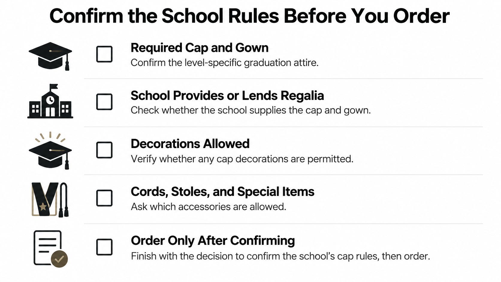 A checklist titled Confirm the School Rules Before You Order for graduation cap and gown requirements.