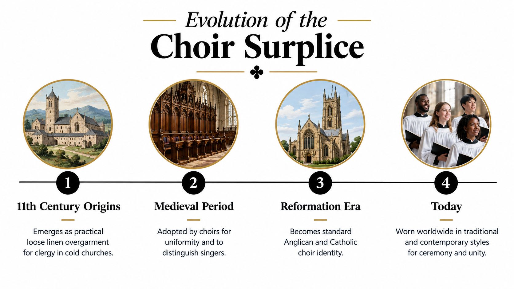 A timeline graphic illustrating the historical evolution of the church choir surplice from the 11th century to today.