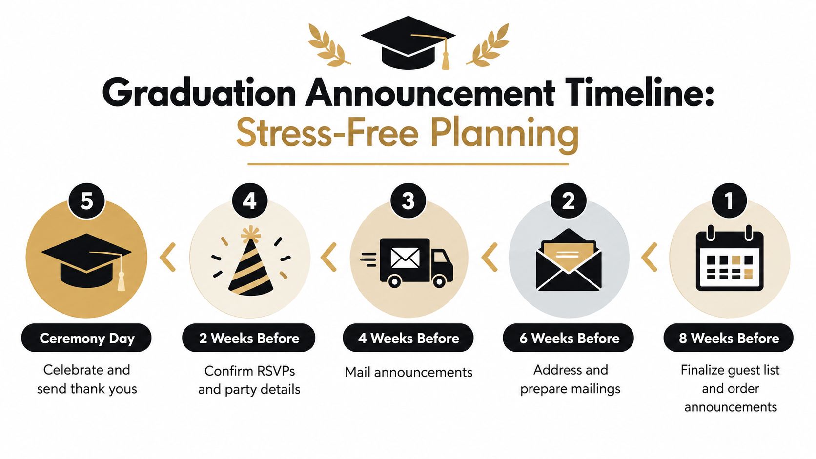A five-step graduation announcement planning timeline infographic illustrating tasks from eight weeks before to the ceremony day.