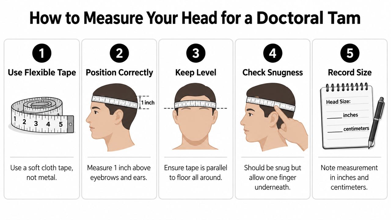 A five-step instructional guide on how to correctly measure your head for a doctoral tam hat.