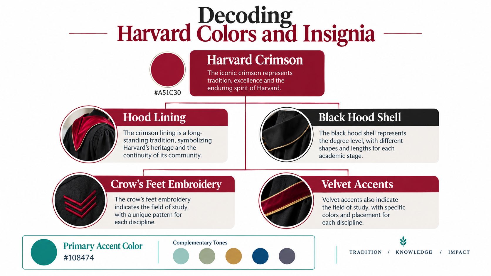 An infographic titled Decoding Harvard Colors and Insignia explaining the symbolism of academic regalia colors and details.
