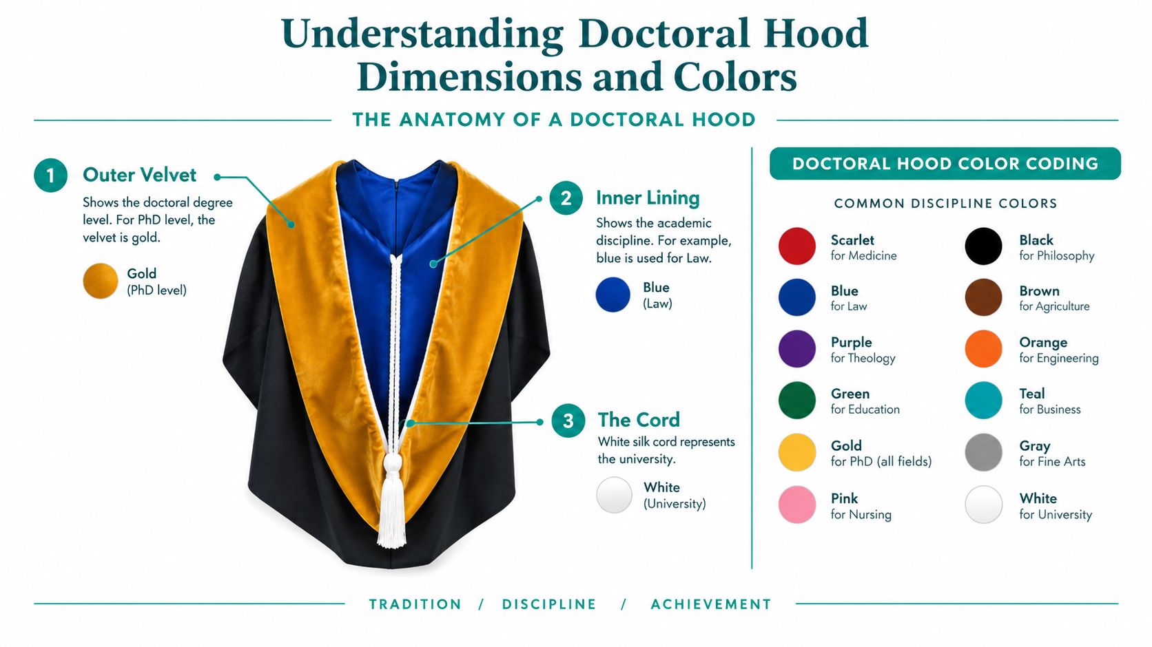 A colorful educational infographic titled Understanding Doctoral Hood Dimensions and Colors explaining the anatomy of a doctoral hood.