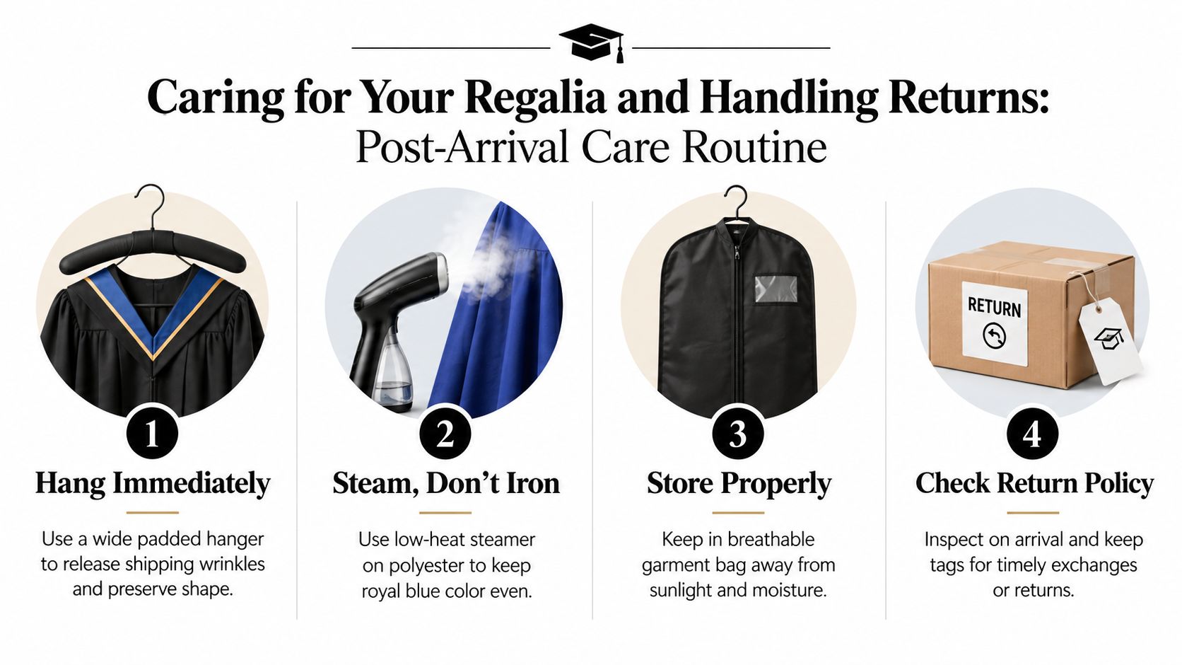 An infographic titled Caring for Your Regalia with four steps for hanging, steaming, storing, and returning graduation attire.