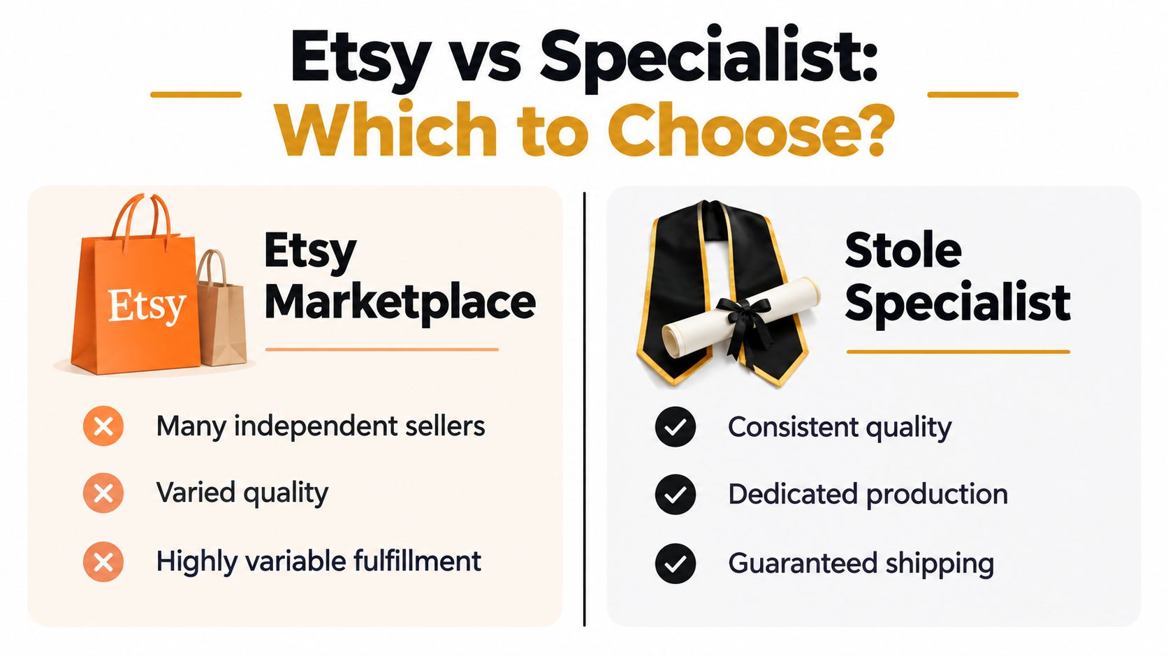 A comparison chart showing the differences between shopping for graduation stoles on Etsy versus a specialist retailer.