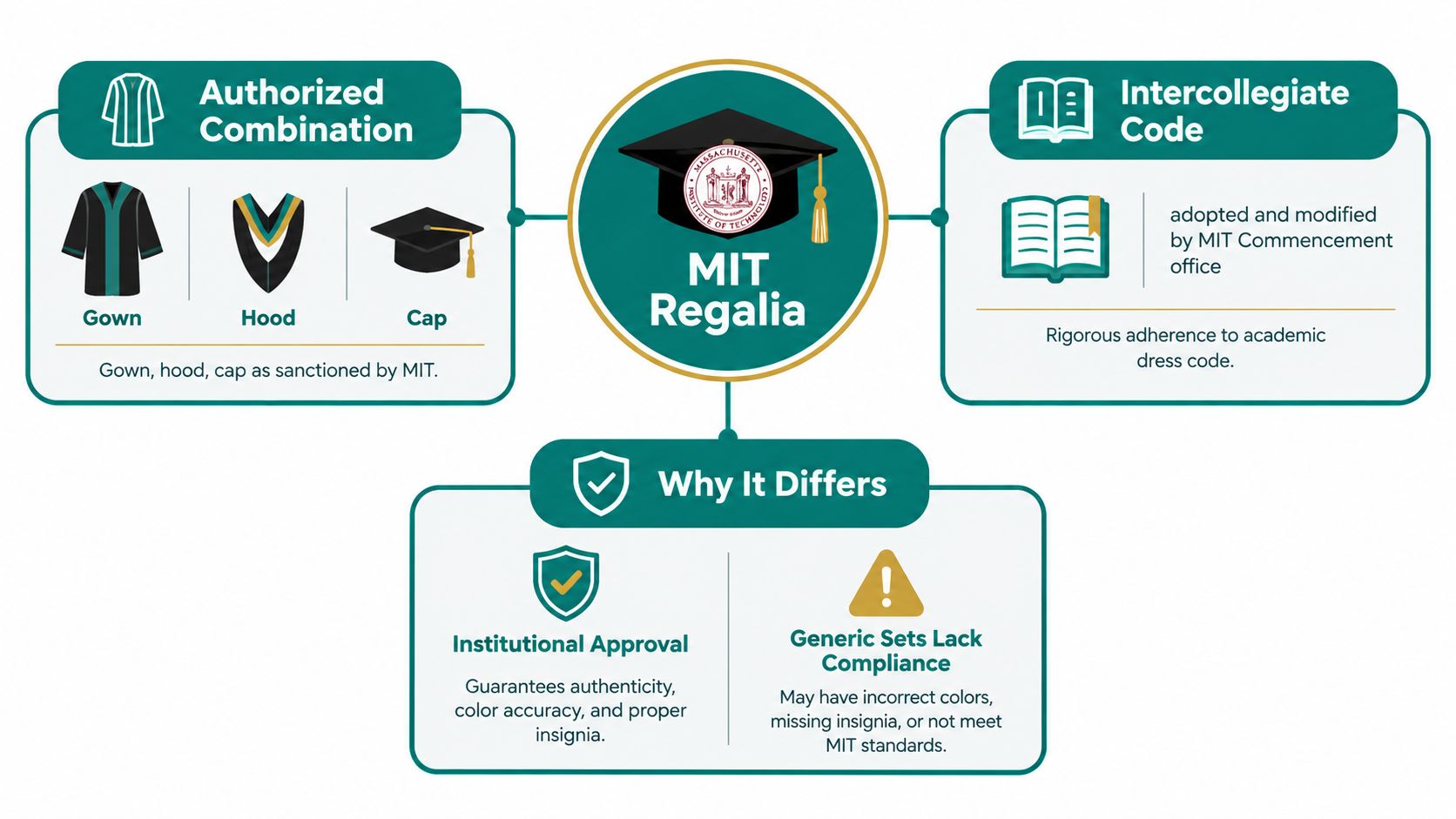 An infographic titled MIT Regalia showing authorized graduation attire, intercollegiate codes, and reasons for institutional approval standards.