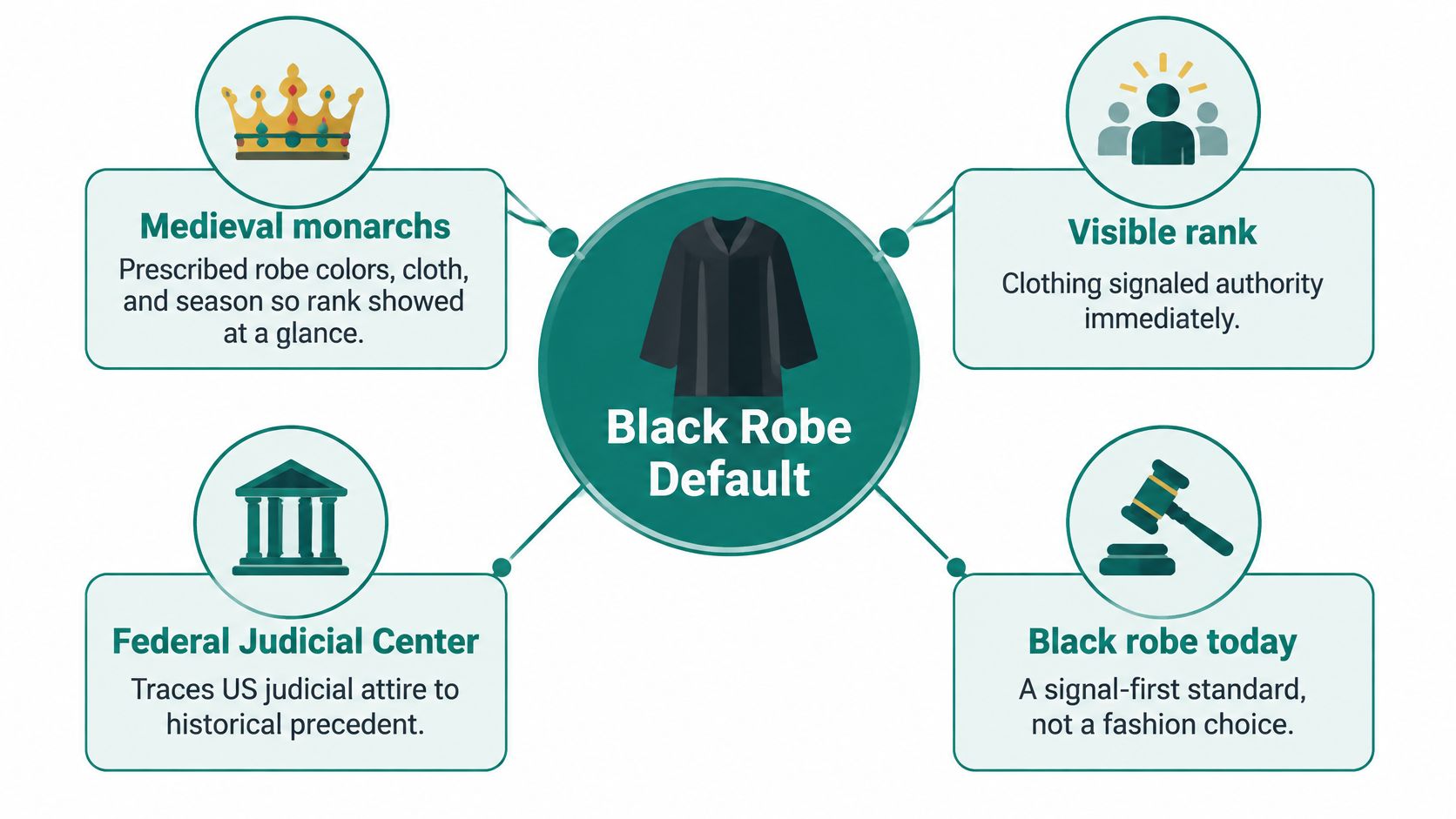 A diagram explaining the origins and symbolism behind the tradition of judges wearing black robes.