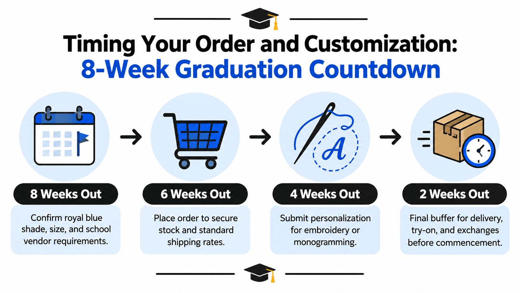 A timeline graphic showing an 8-week countdown for ordering and customizing royal blue caps and gowns.