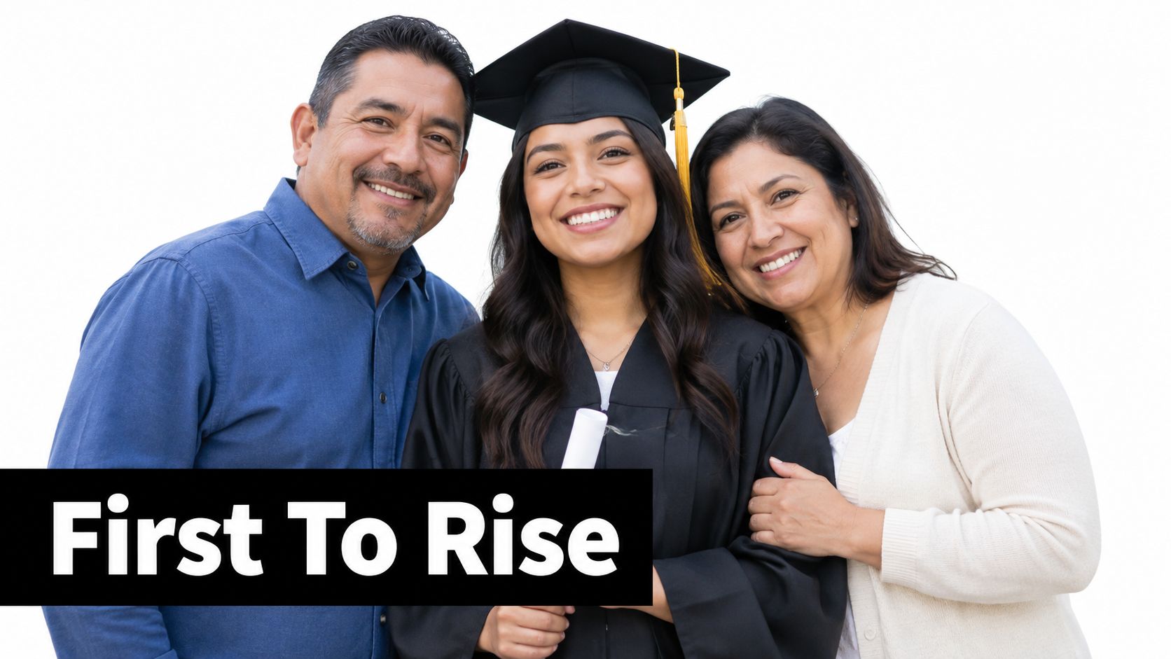 A happy first generation college graduate celebrating with her proud parents on her graduation day.
