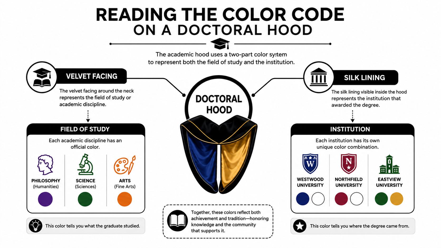 An infographic explaining how to interpret the colors of a doctoral hood regarding discipline and institution.