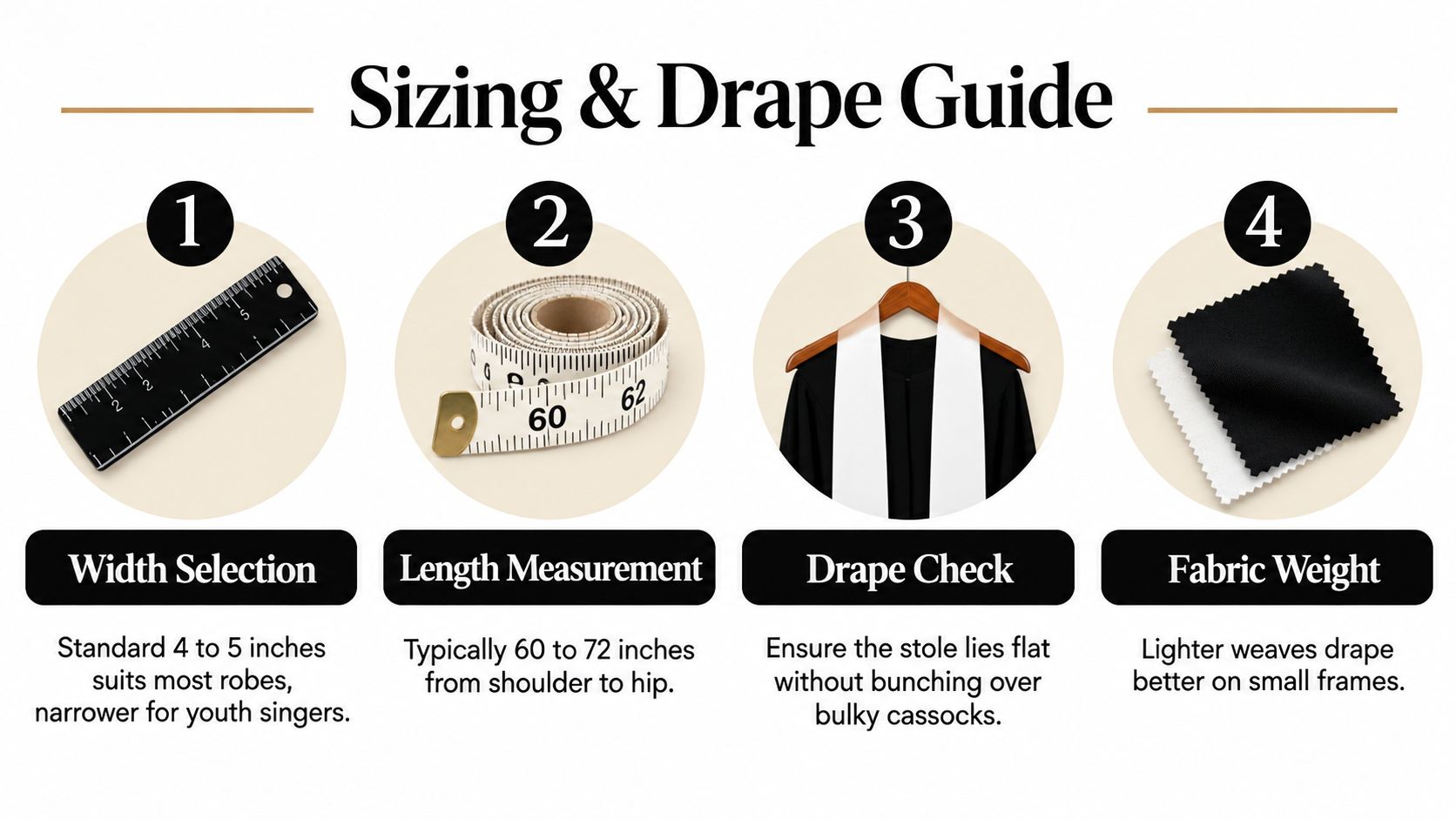 A four step infographic titled Sizing and Drape Guide showing measuring tools and fabric for choir stoles.