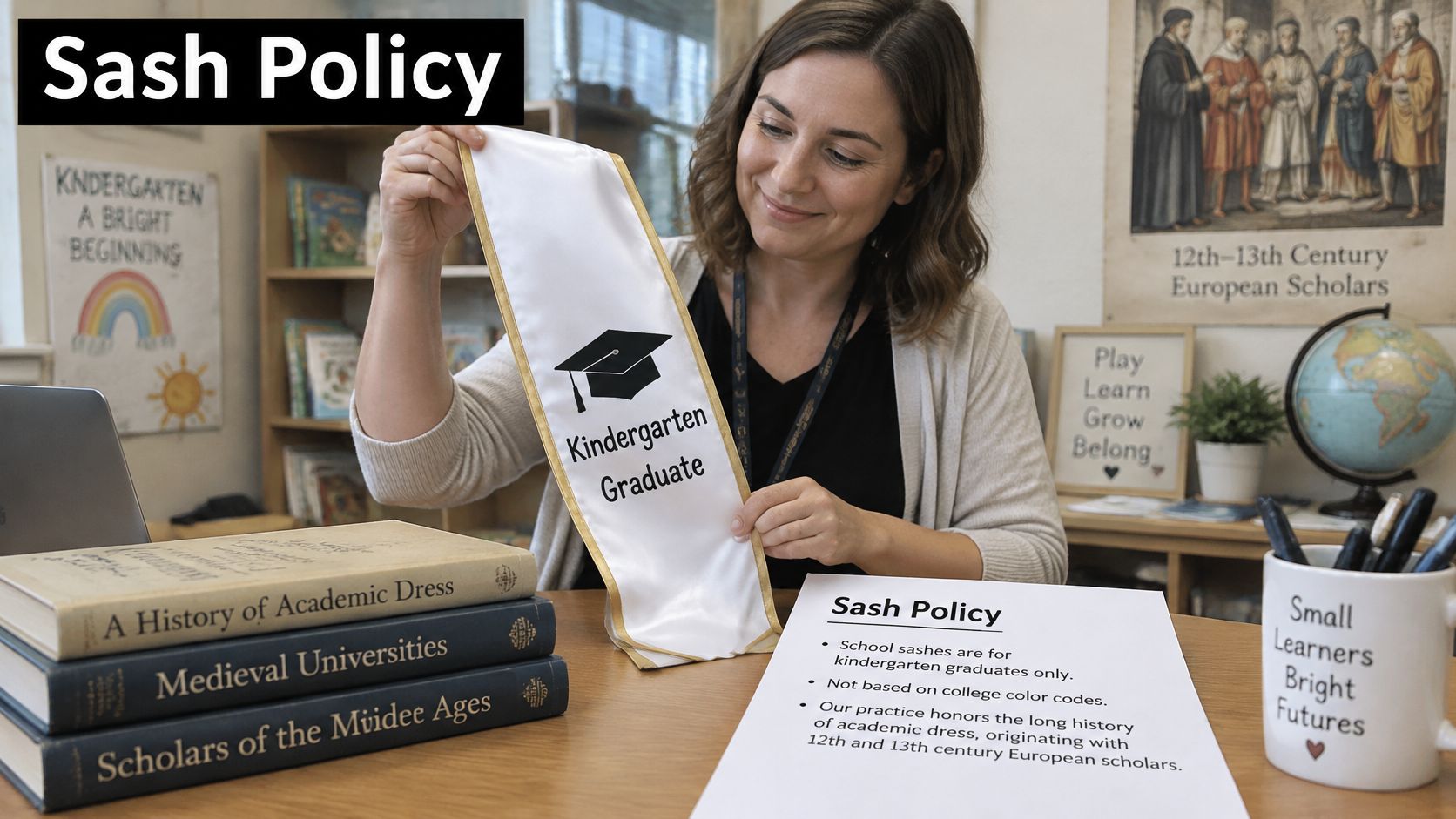 A teacher holding a white Kindergarten Graduate sash next to a written policy regarding academic attire.