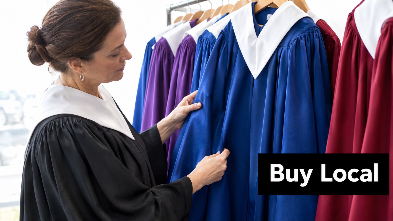 A woman examining a blue choir robe on a clothing rack in a retail shop.