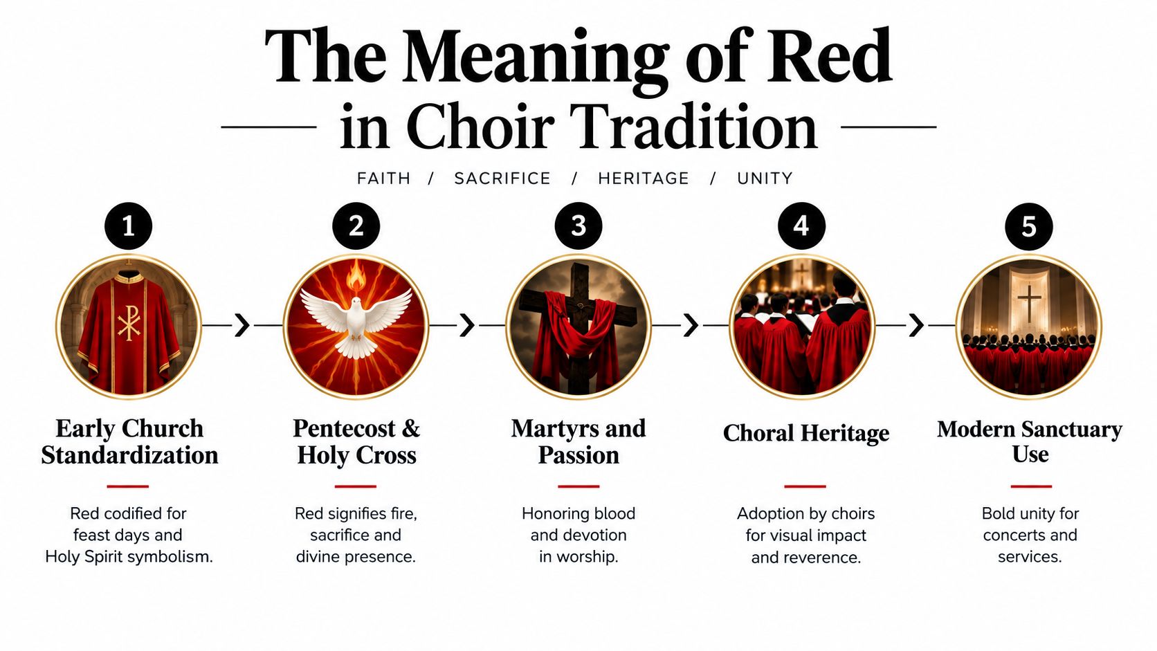 A diagram illustrating the symbolic history and meaning of wearing red robes in choir traditions.